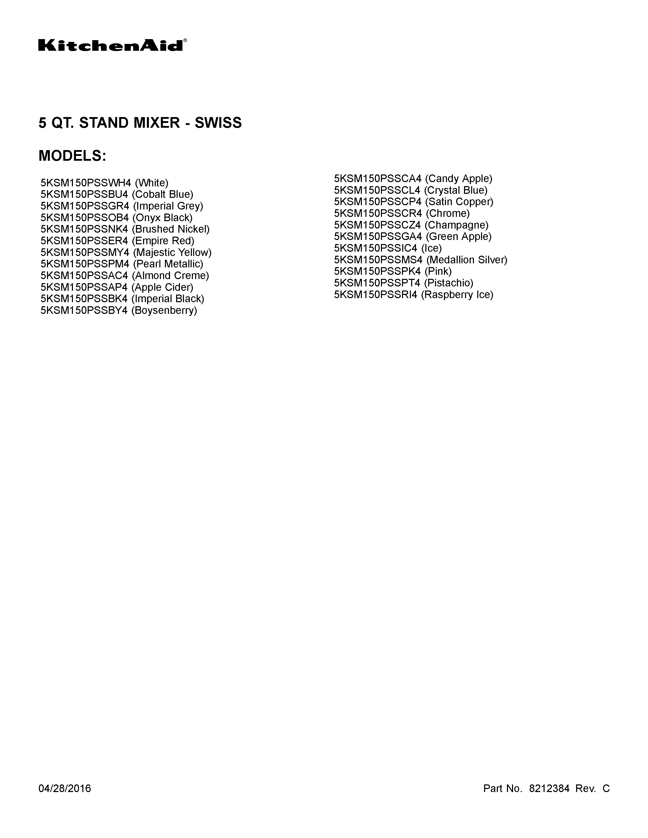 KitchenAid 5KSM150PSSOB4 cover sheet diagram