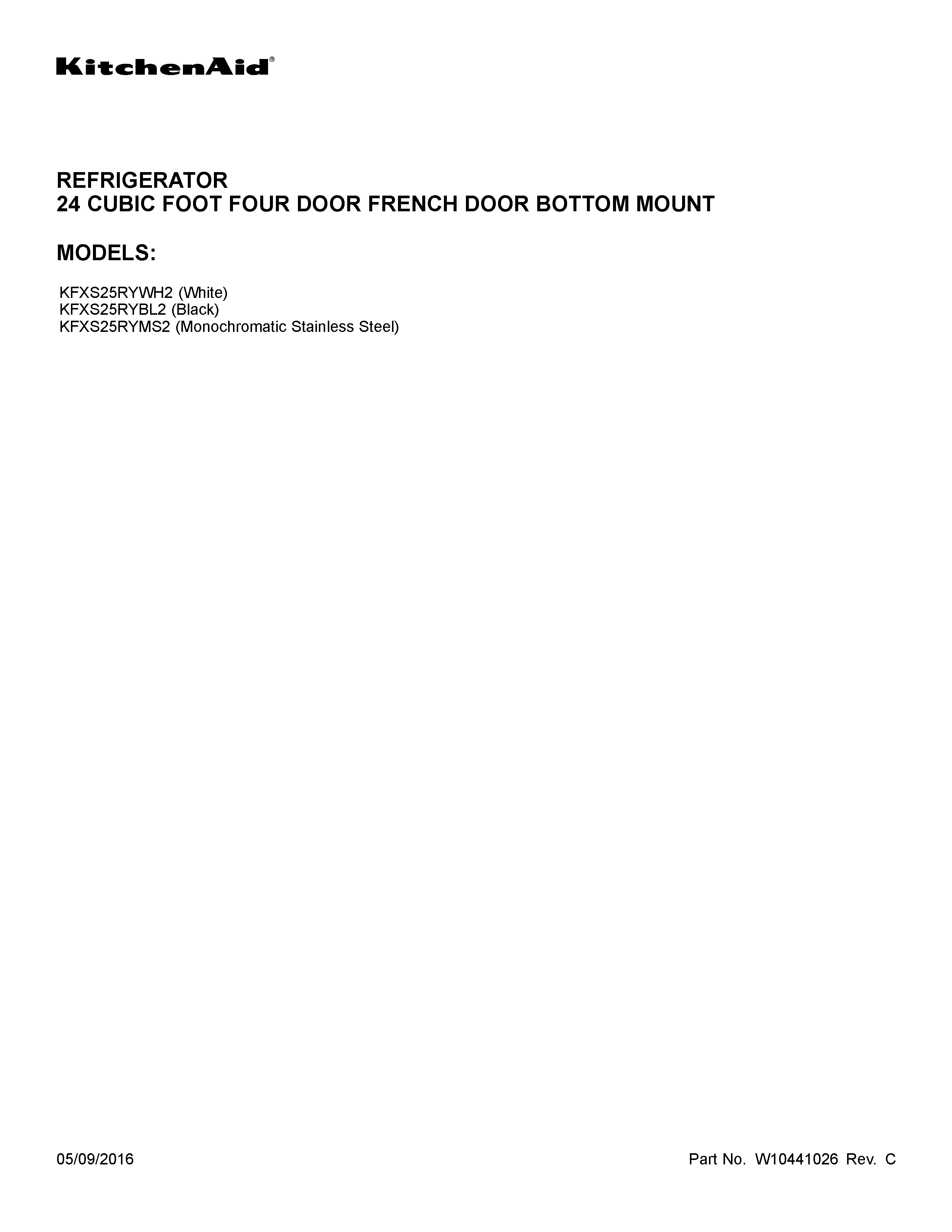KitchenAid KFXS25RYBL2 cover sheet diagram