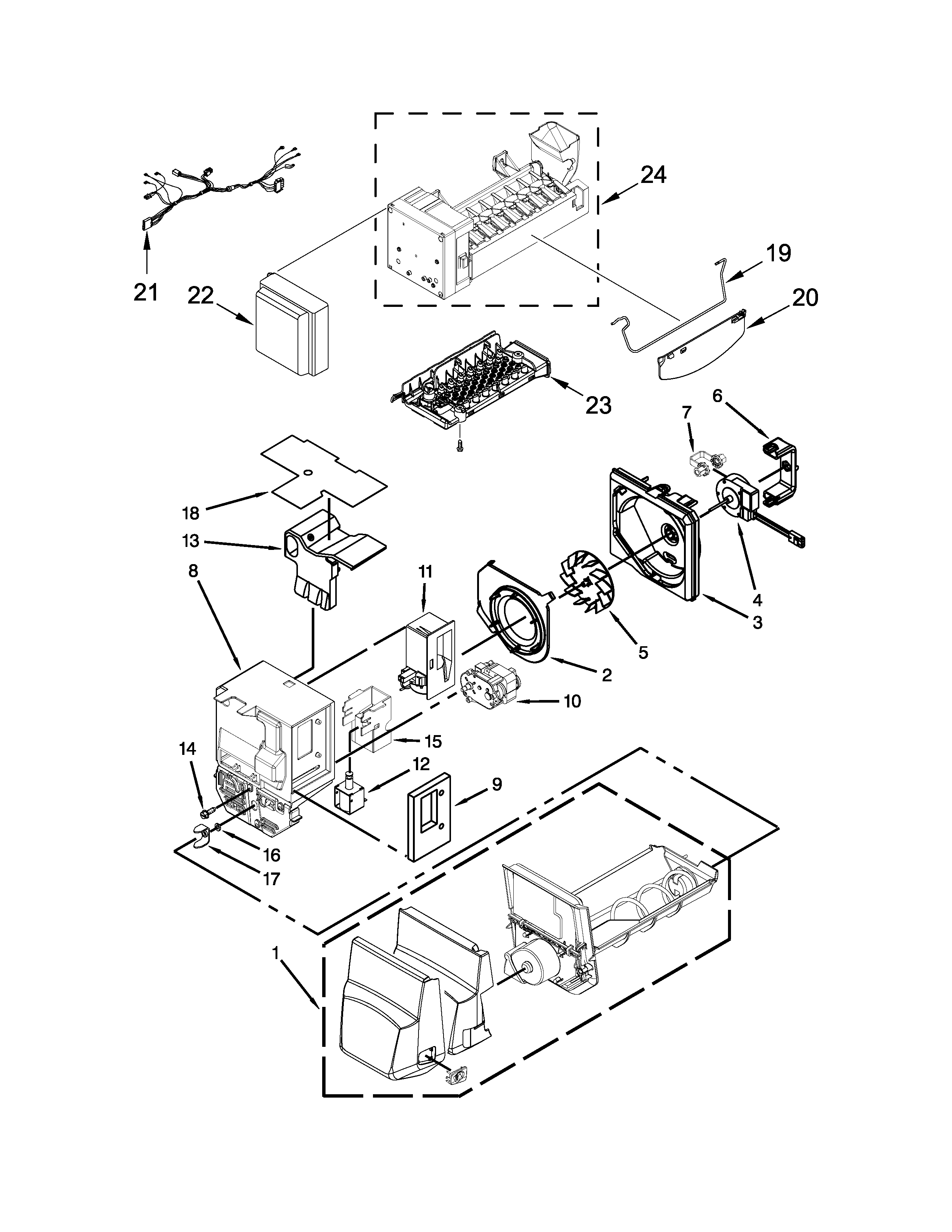 KitchenAid KFXS25RYBL2 icemaker and ice container parts diagram