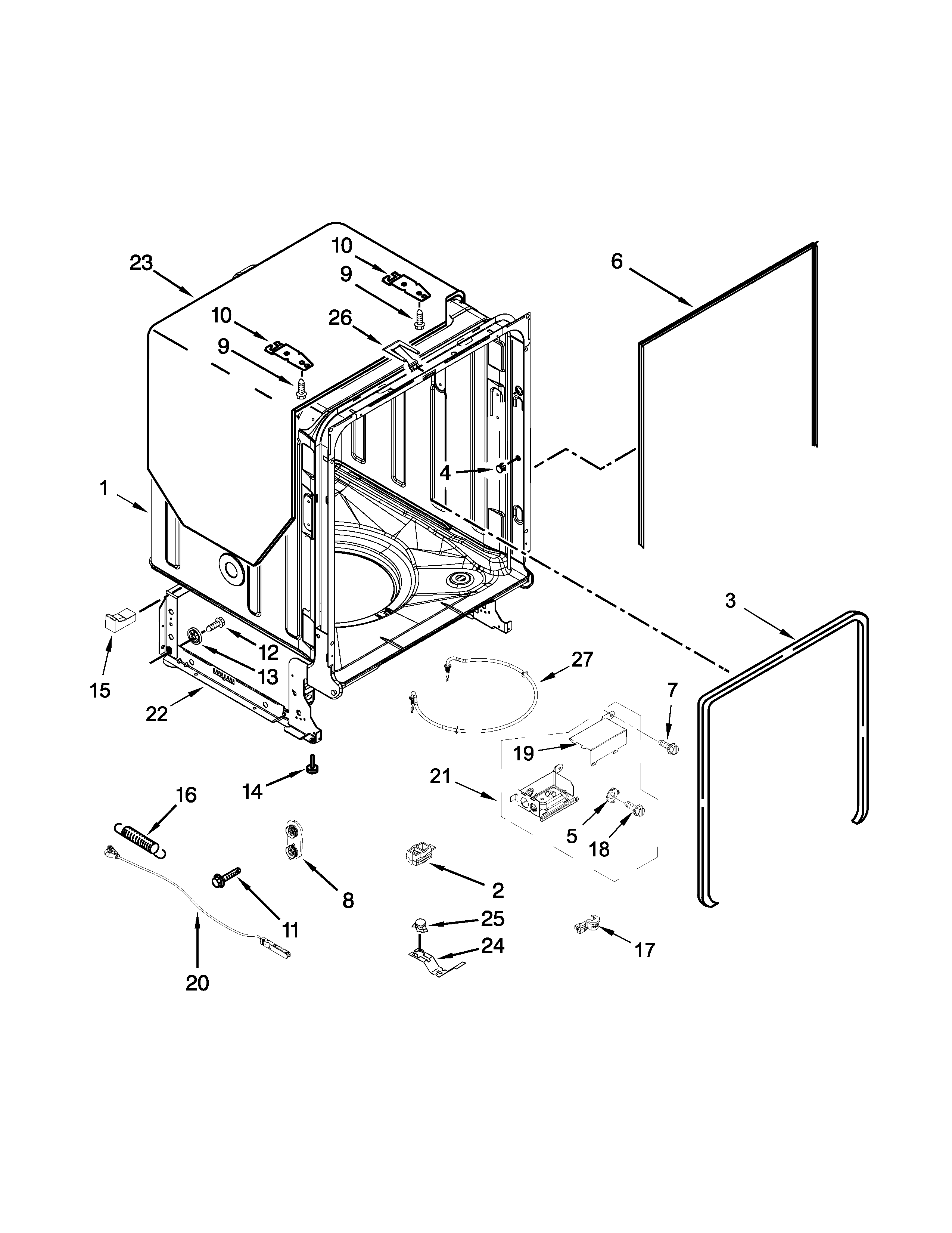 Whirlpool WDF760SADM1 tub and frame parts diagram