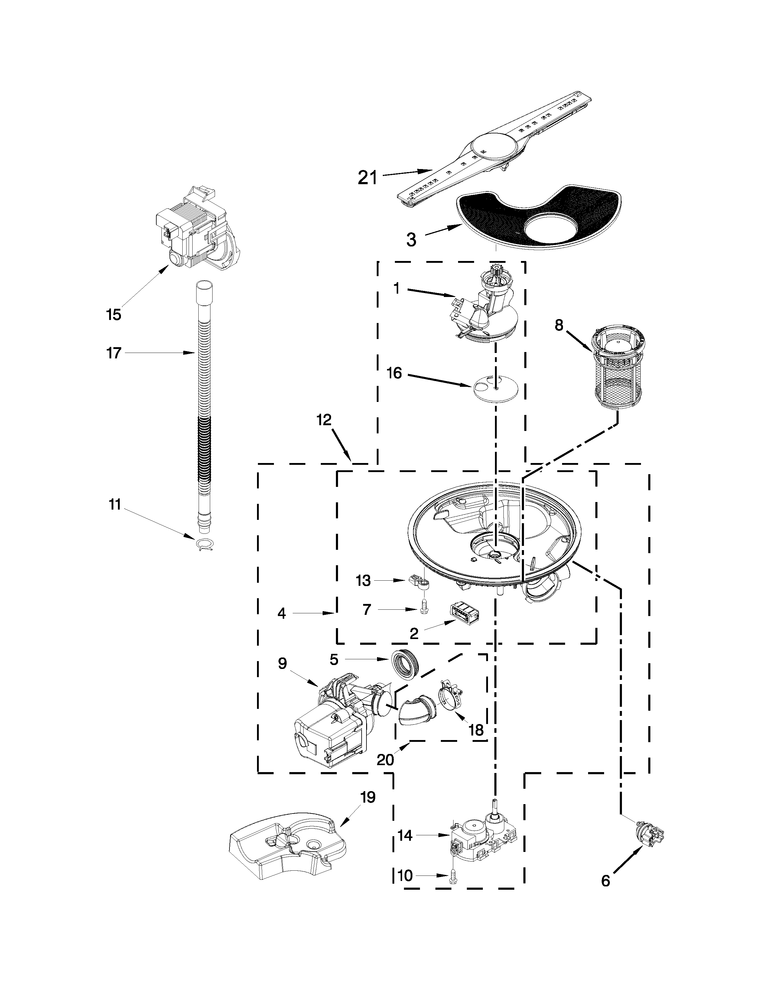 Whirlpool WDF760SADM1 pump, washarm and motor parts diagram