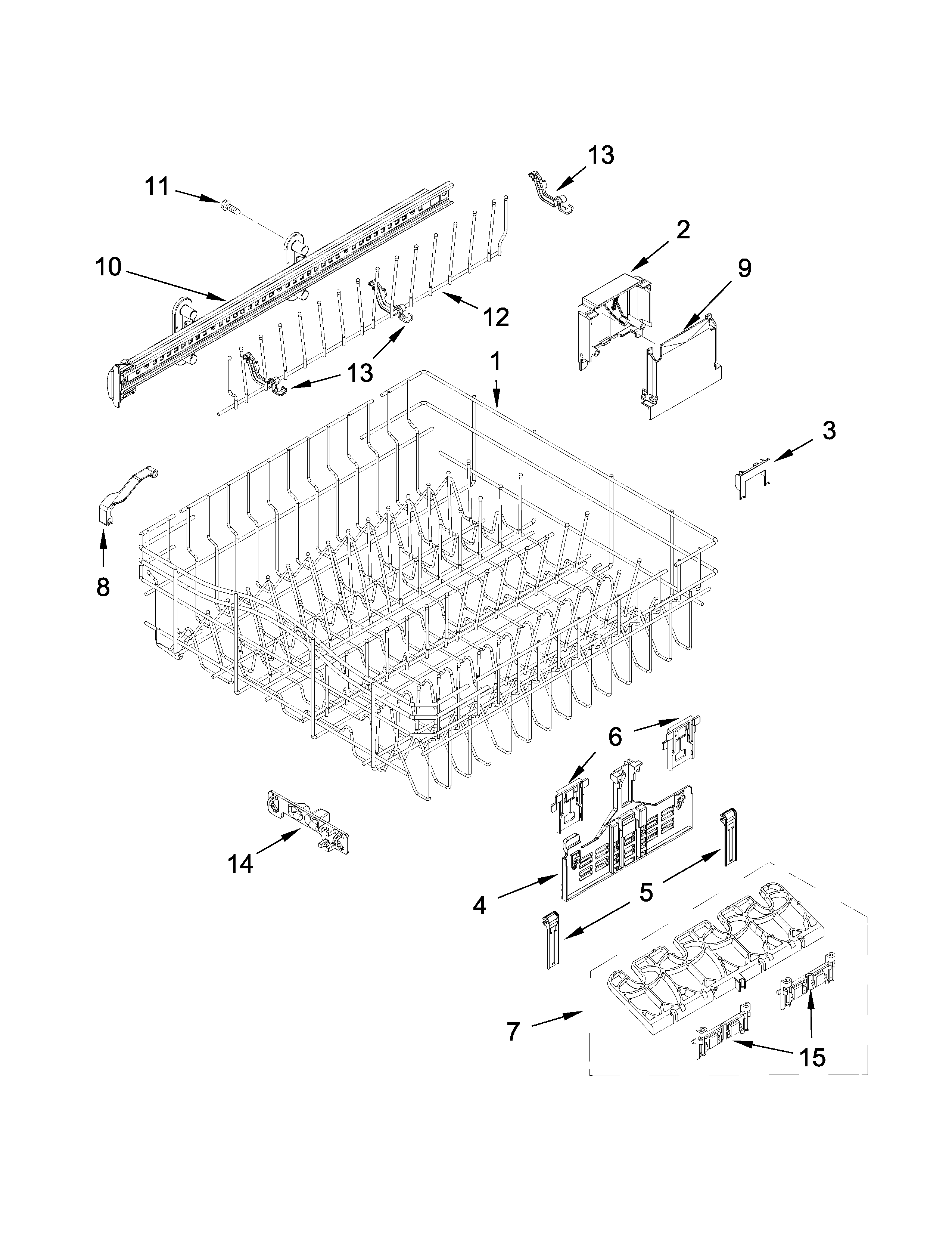 Whirlpool WDF760SADM1 upper rack and track parts diagram
