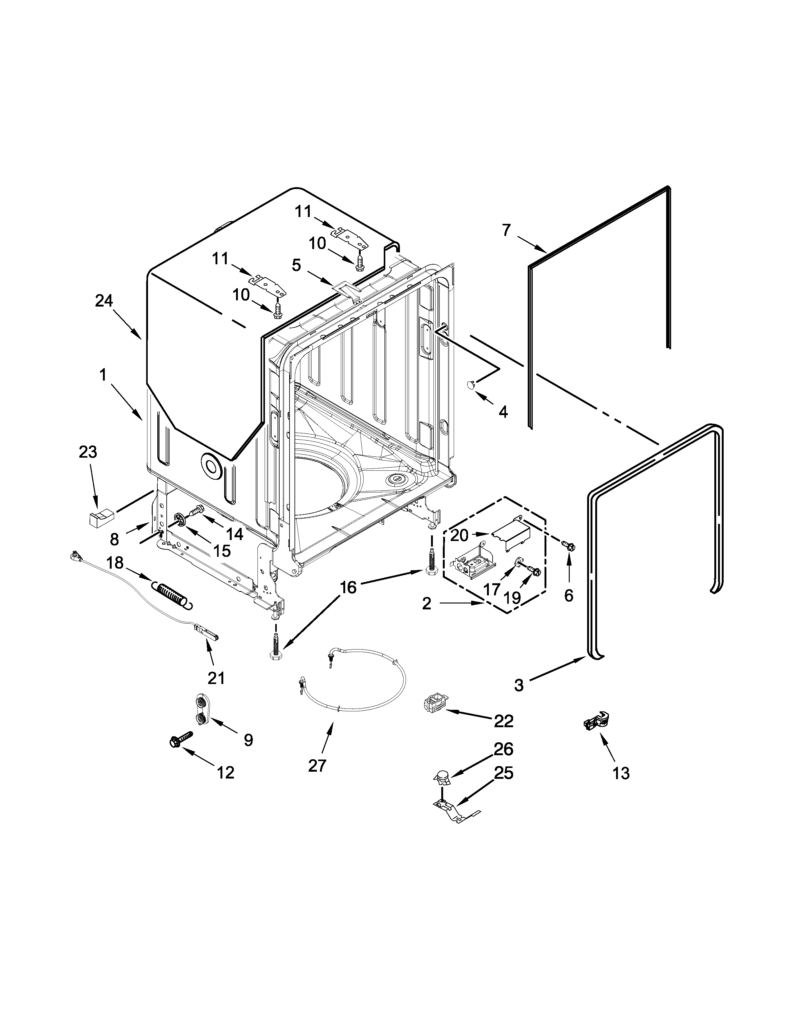 KitchenAid KDTE104EBL1 tub and frame parts diagram