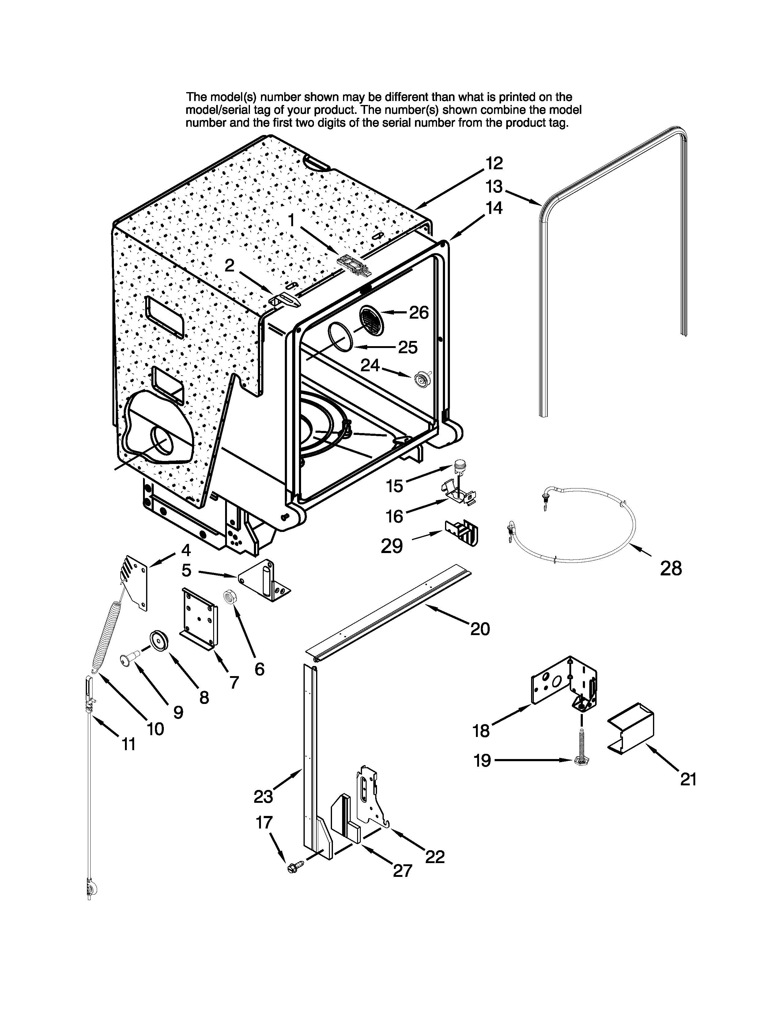 Maytag MDBM601AWQ3 tub and frame parts diagram