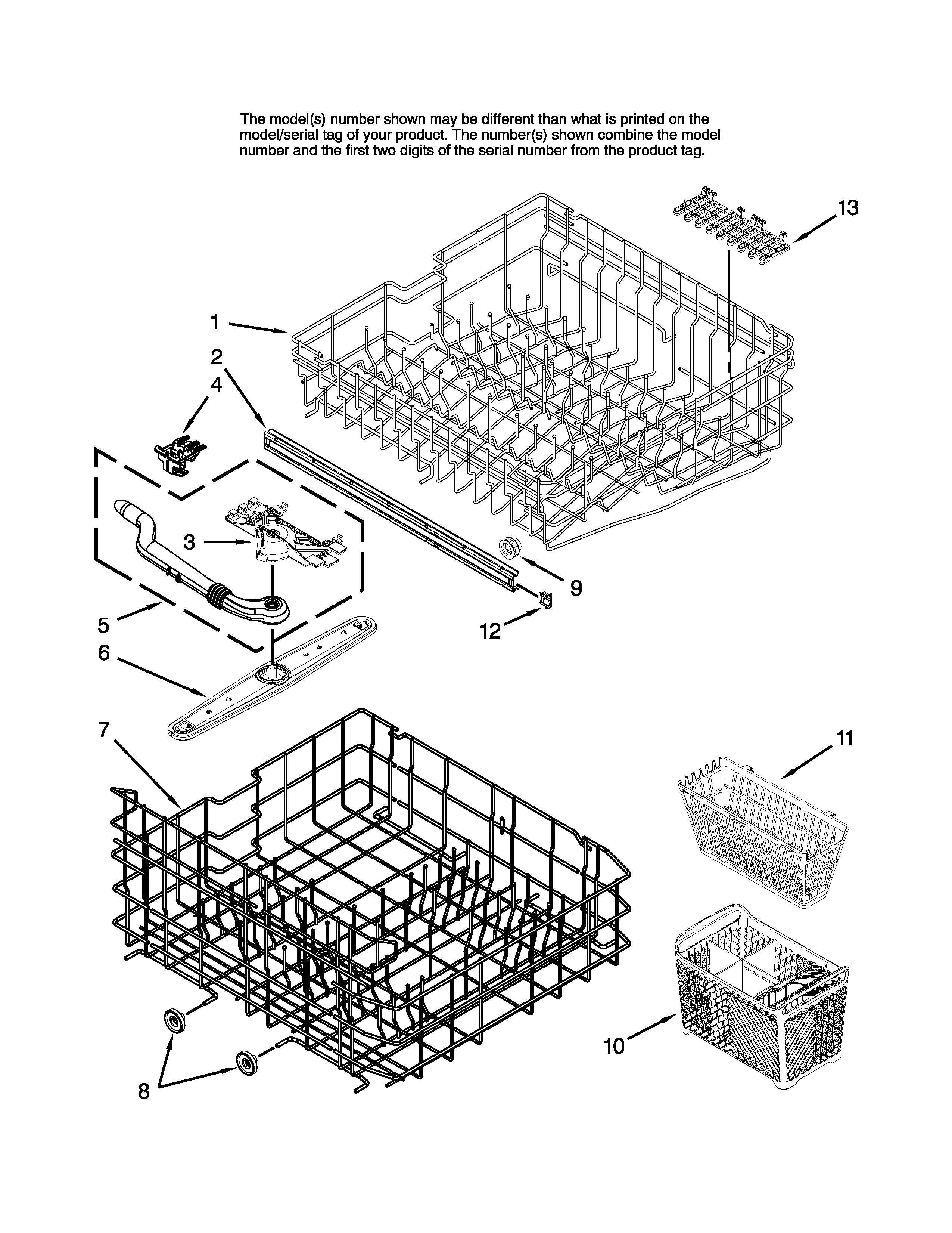Maytag MDBM601AWQ3 upper and lower rack parts diagram
