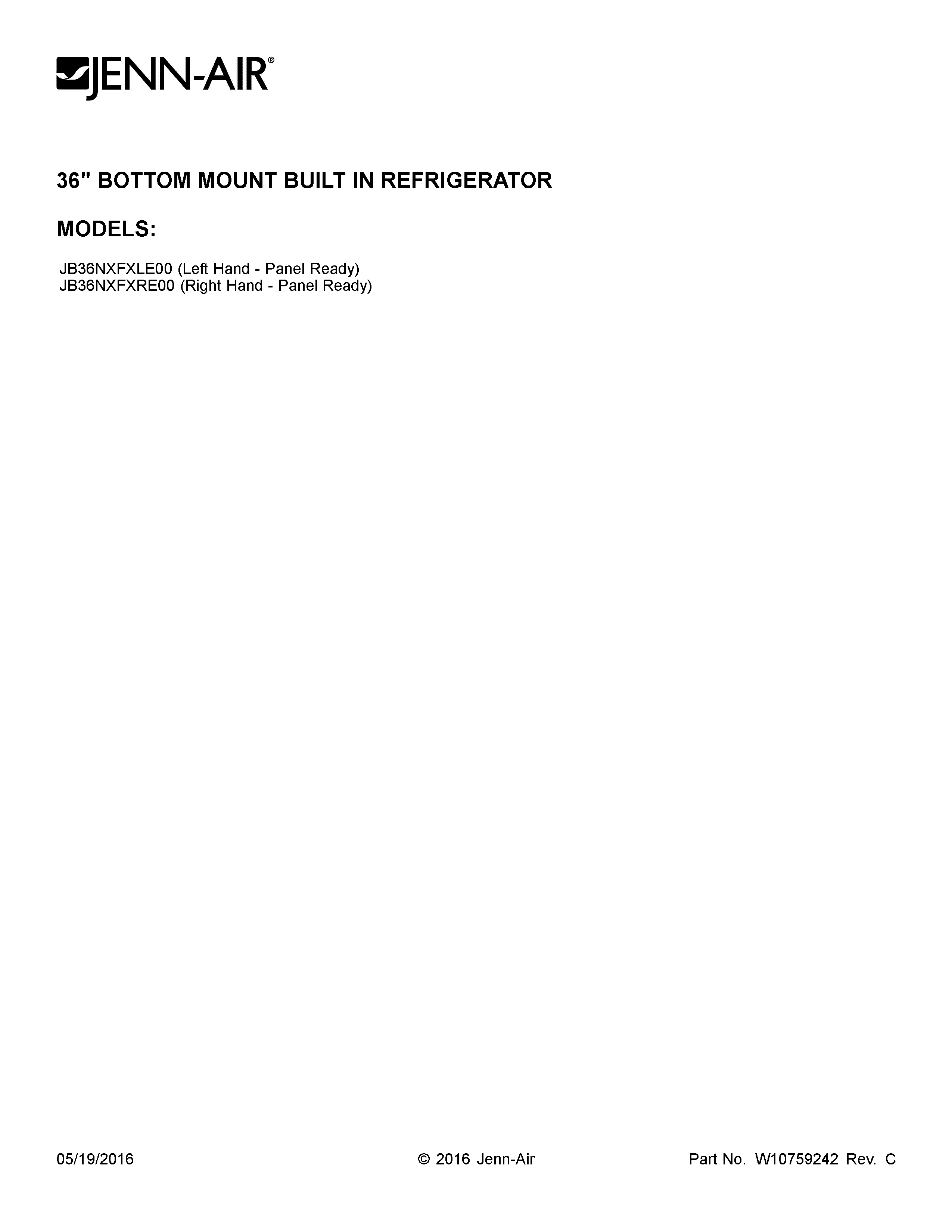 Jenn-Air JB36NXFXLE00 cover sheet diagram