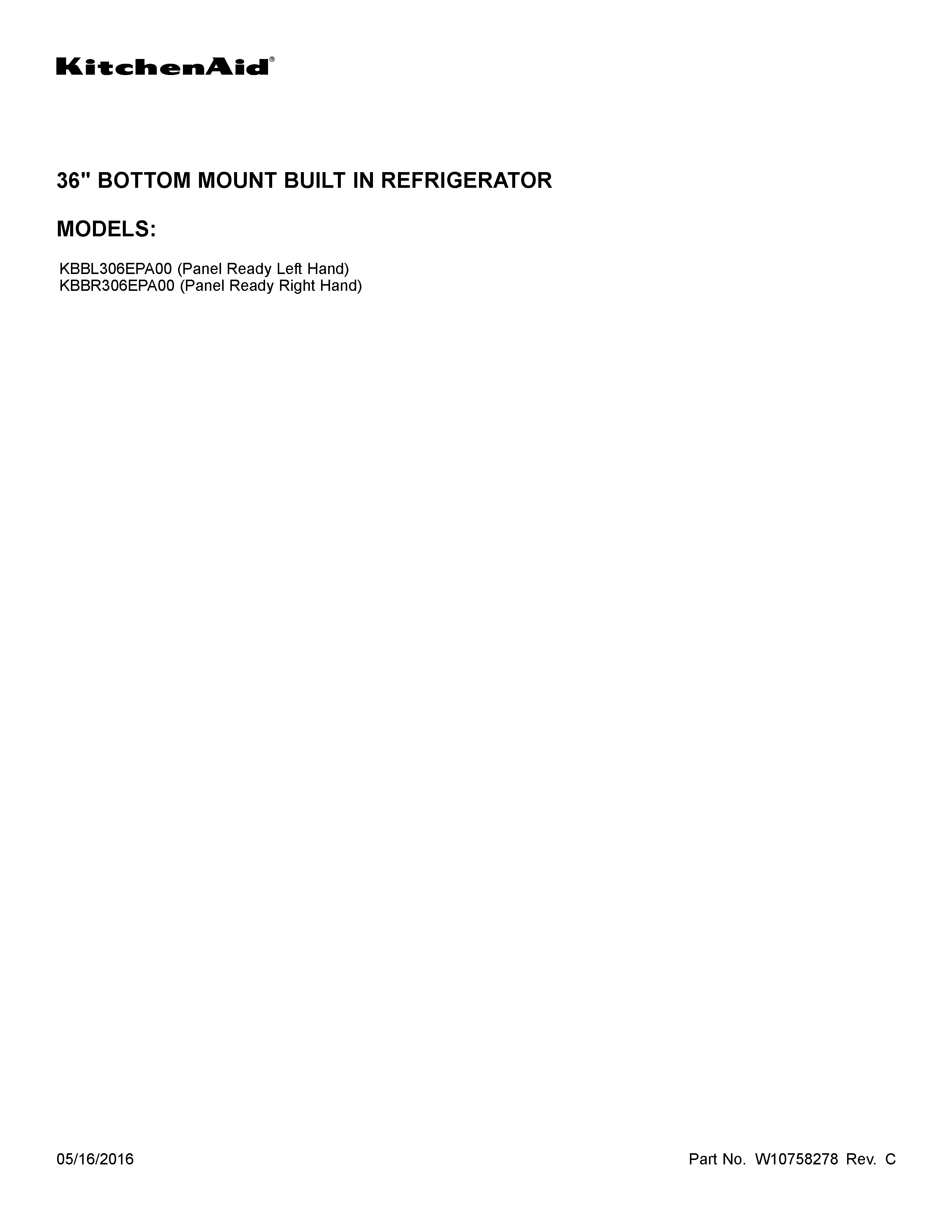 KitchenAid KBBL306EPA00 cover sheet diagram