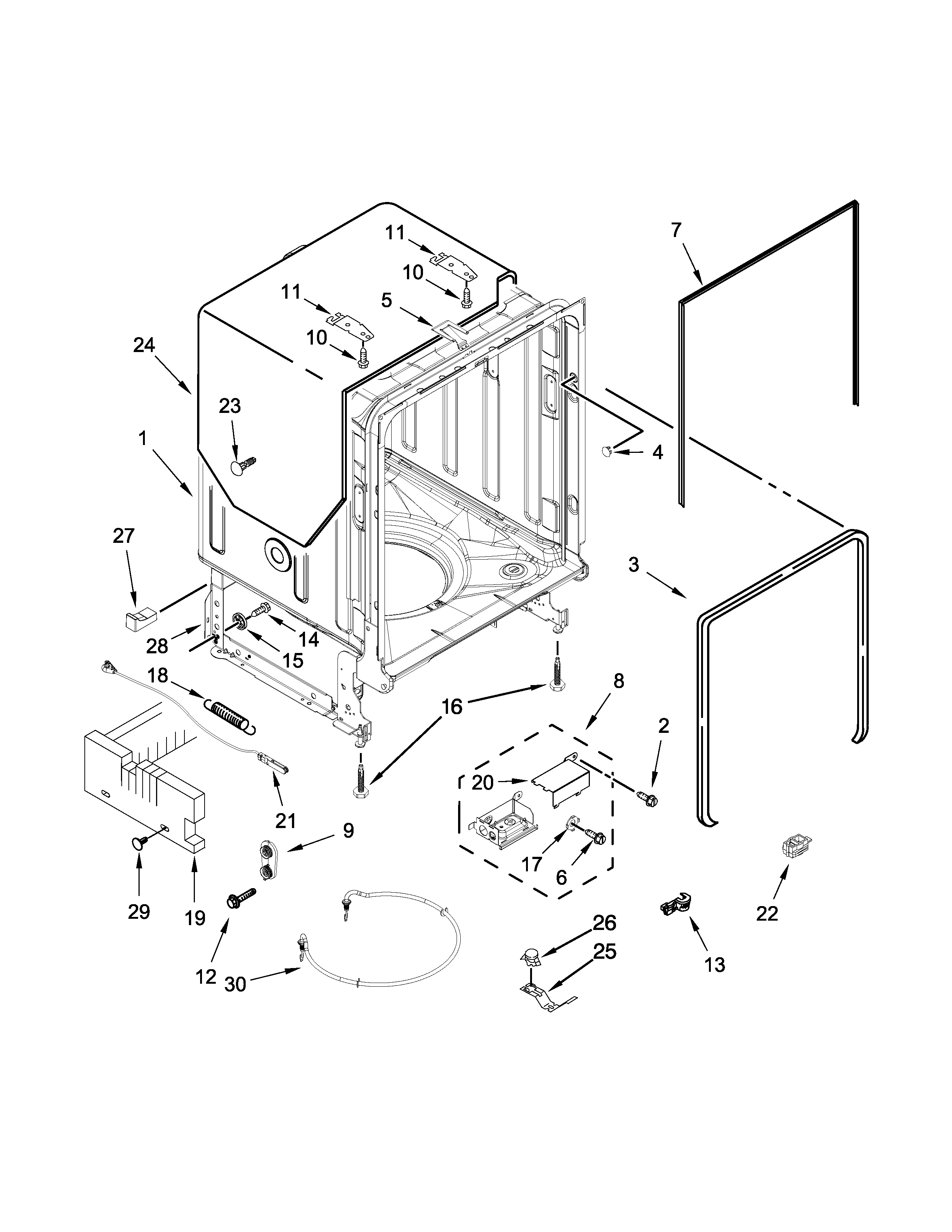 KitchenAid KDFE104DWH3 tub and frame parts diagram