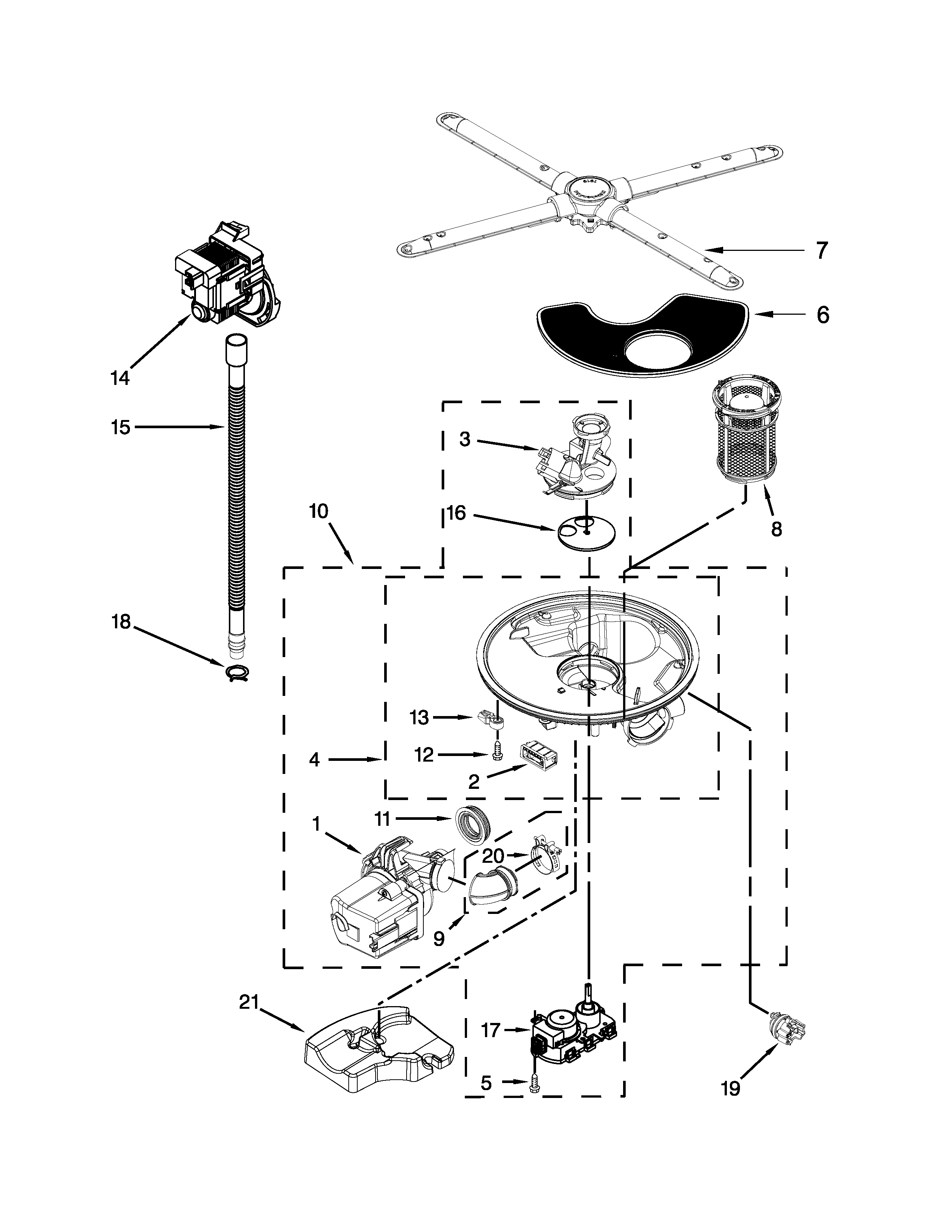 KitchenAid KDFE104DWH3 pump, washarm and motor parts diagram