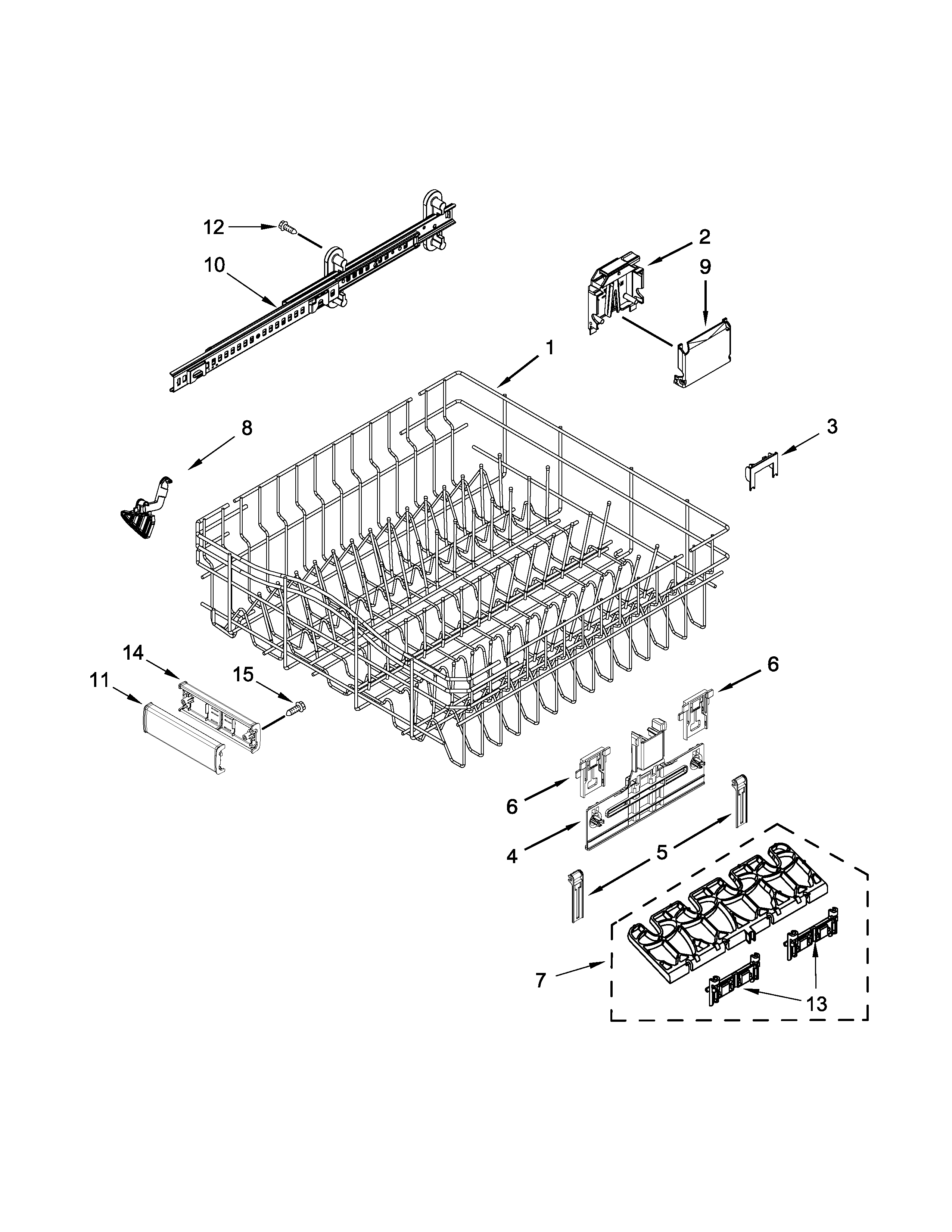 KitchenAid KDFE104DWH3 upper rack and track parts diagram