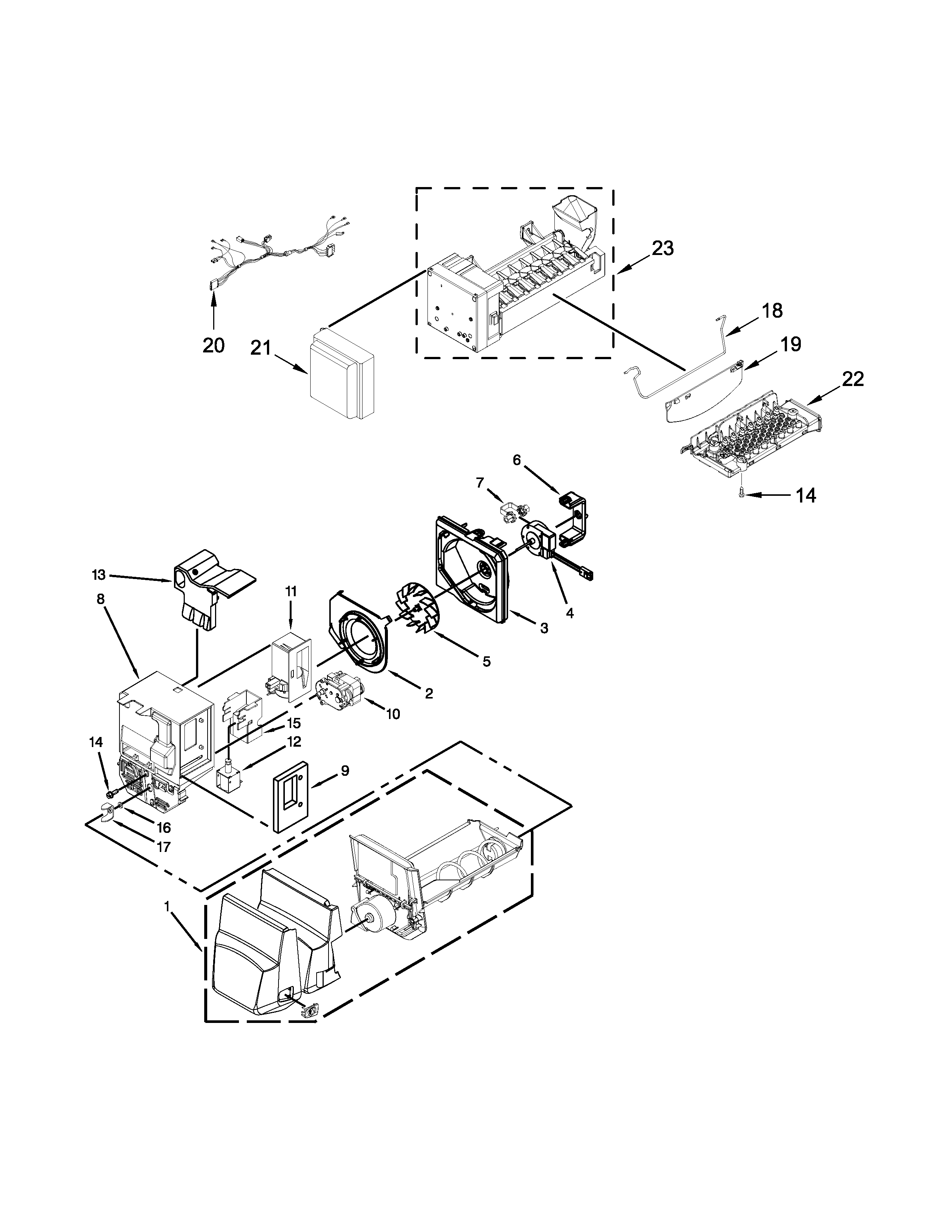 Maytag MFI2570FEZ00 icemaker and ice container parts diagram
