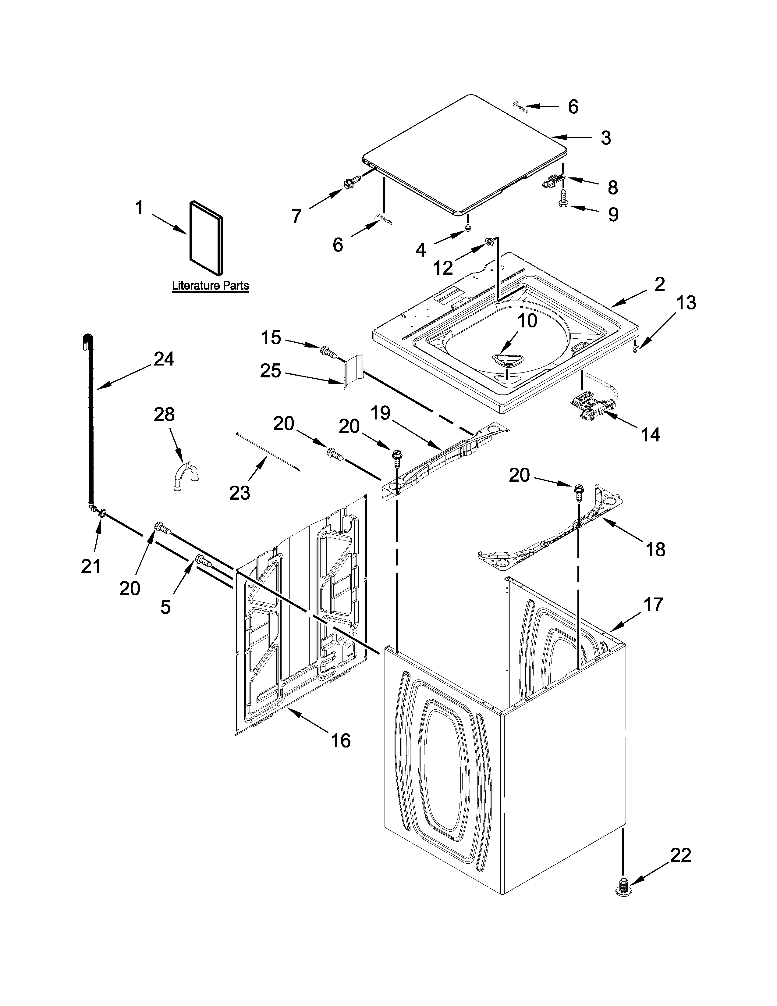 Whirlpool 1CWTW4815EW1 top and cabinet parts diagram
