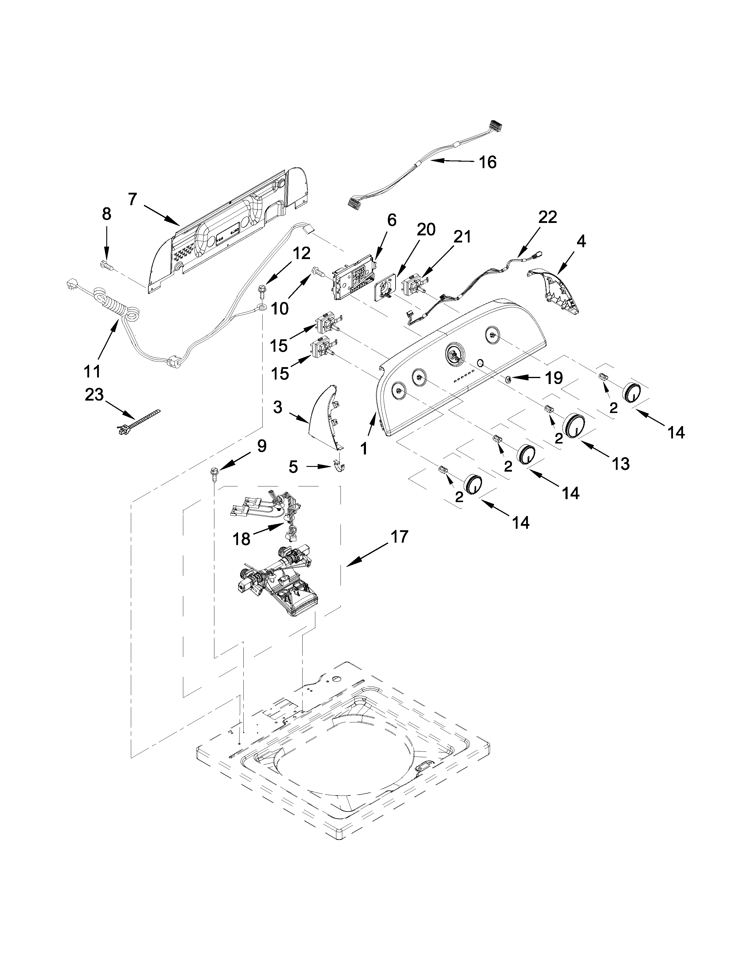 Whirlpool 1CWTW4815EW1 controls and water inlet parts diagram