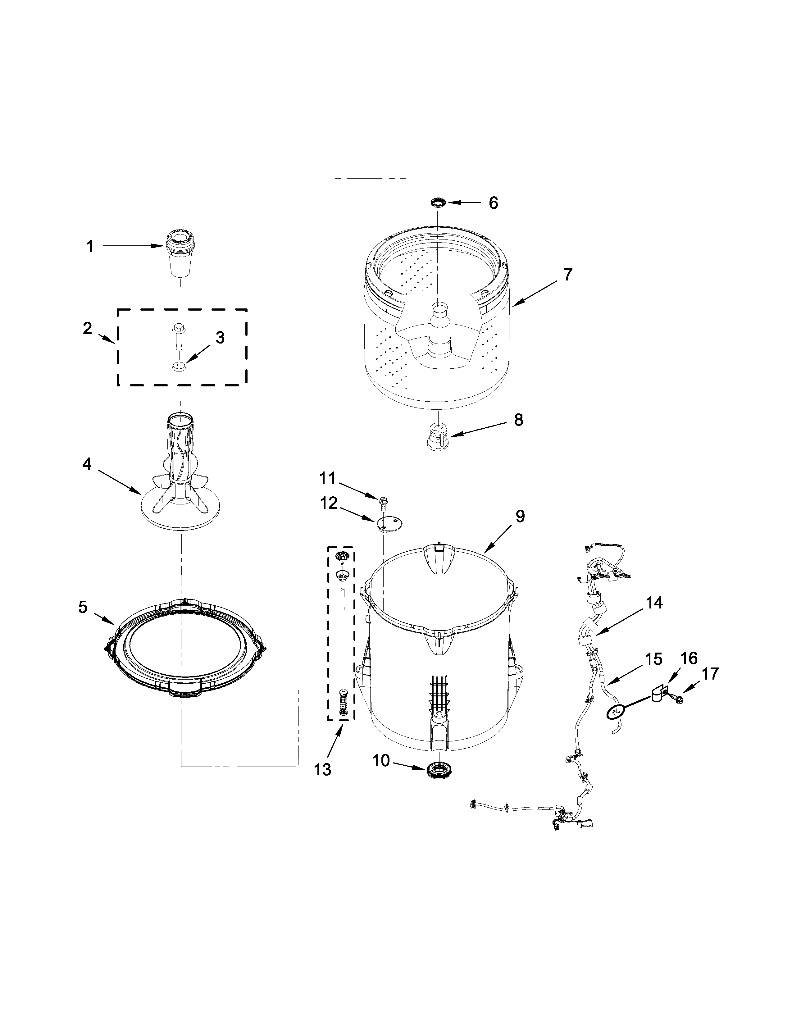 Whirlpool 1CWTW4815EW1 basket and tub parts diagram