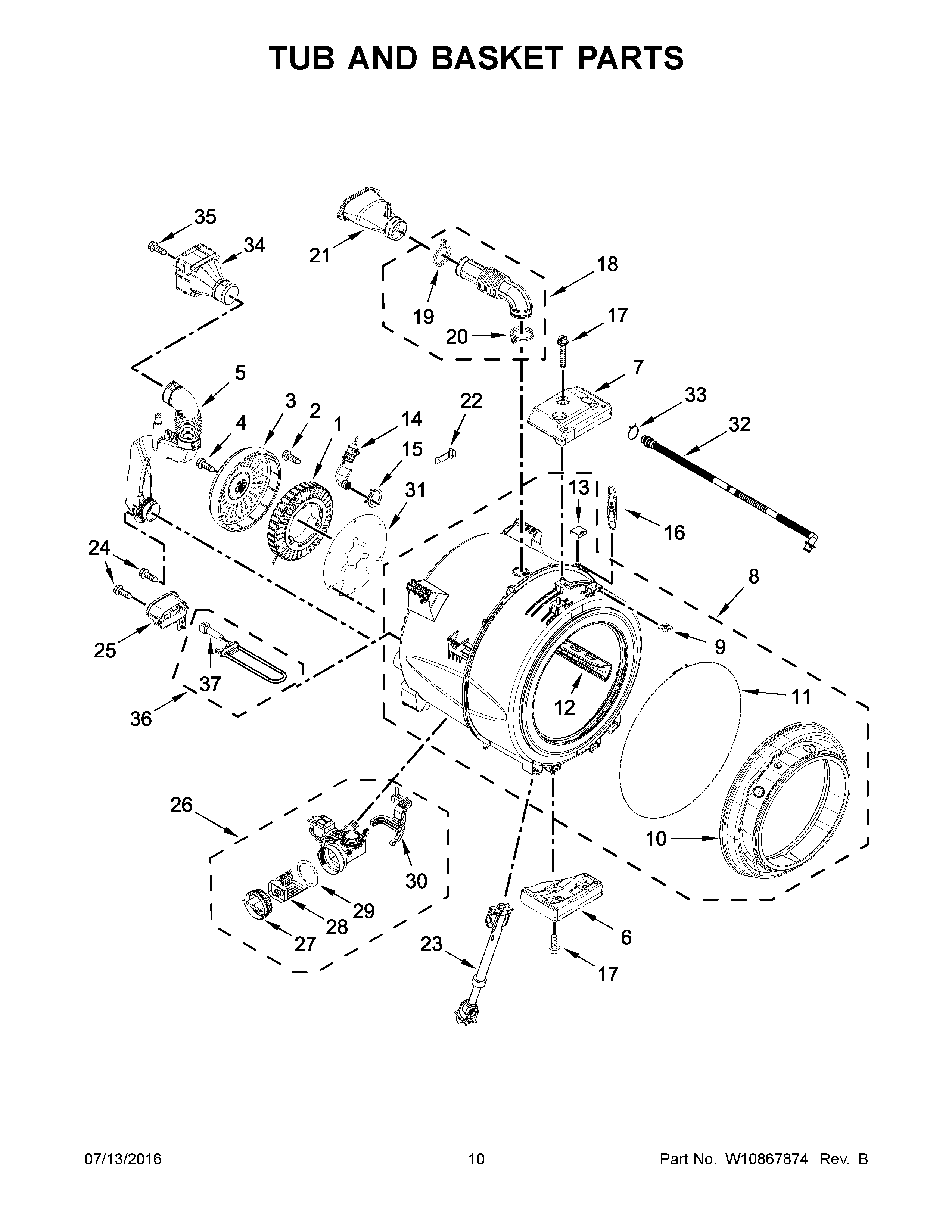 Maytag MHW3505FW0 tub and basket parts diagram