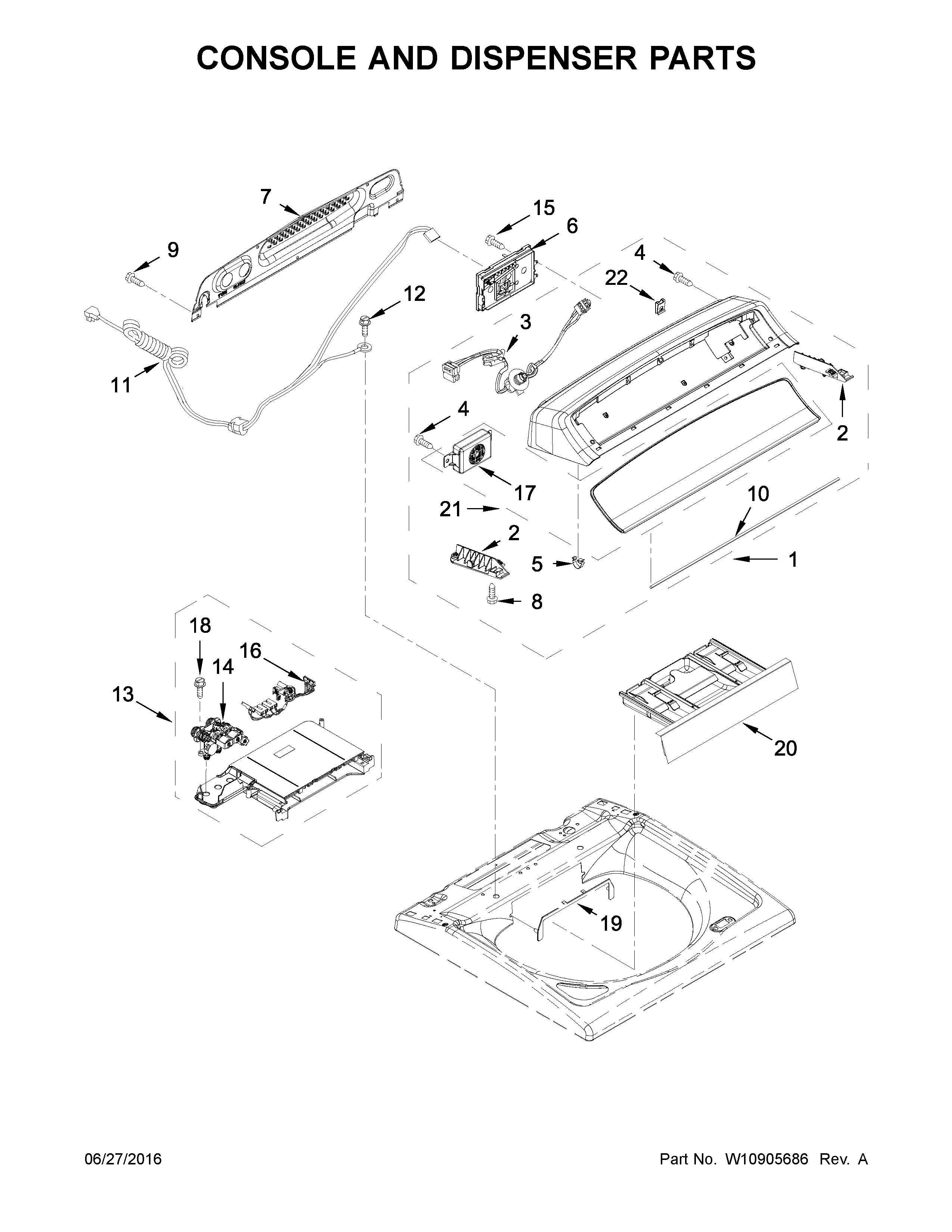 Whirlpool WTW8000DW1 console and dispenser parts diagram