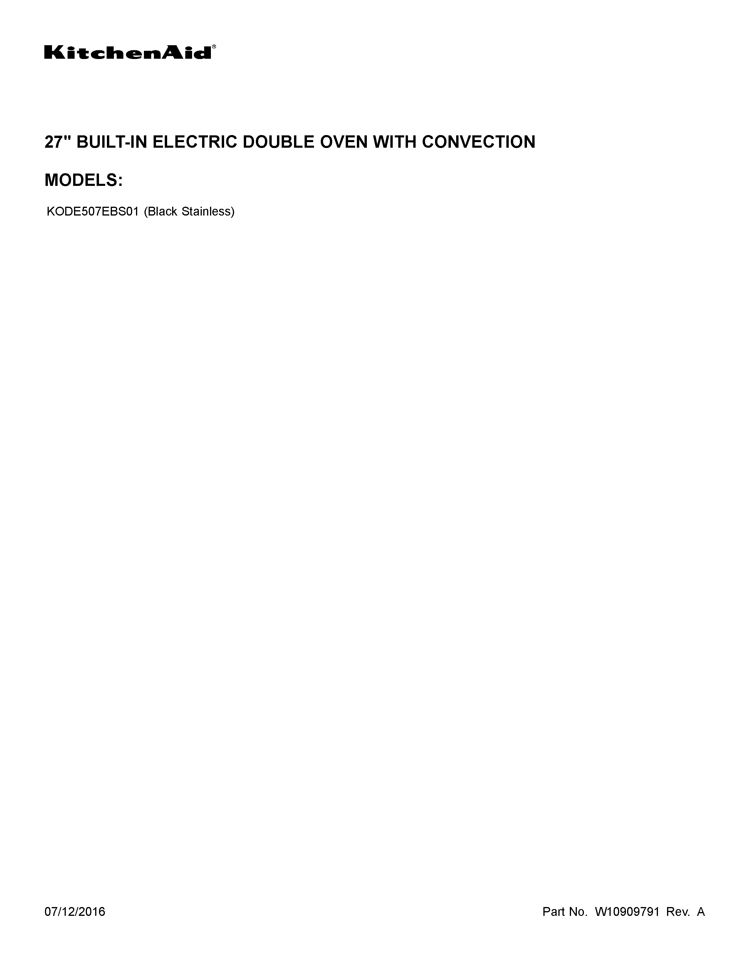 KitchenAid KODE507EBS01 cover sheet diagram