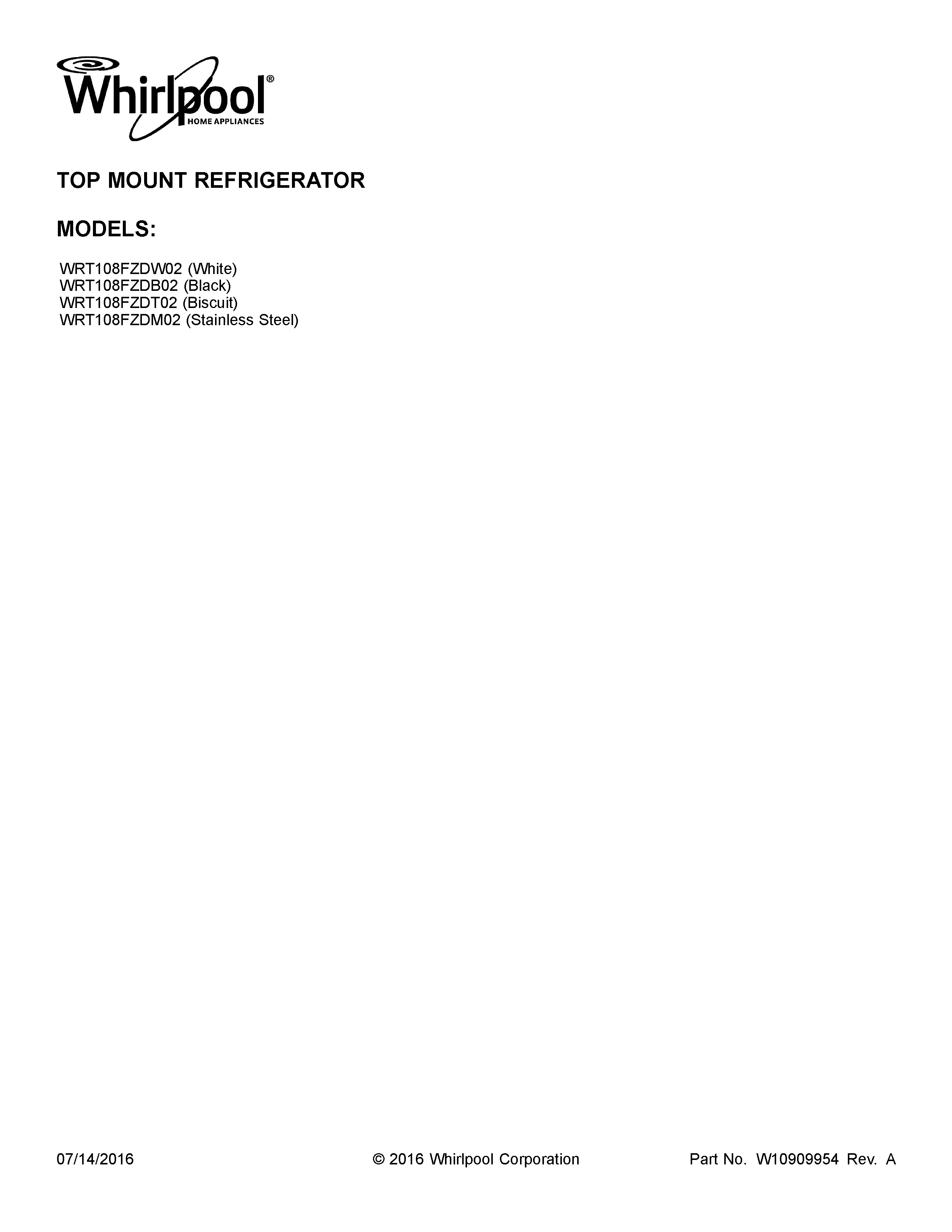 Whirlpool WRT108FZDM02 cover sheet diagram
