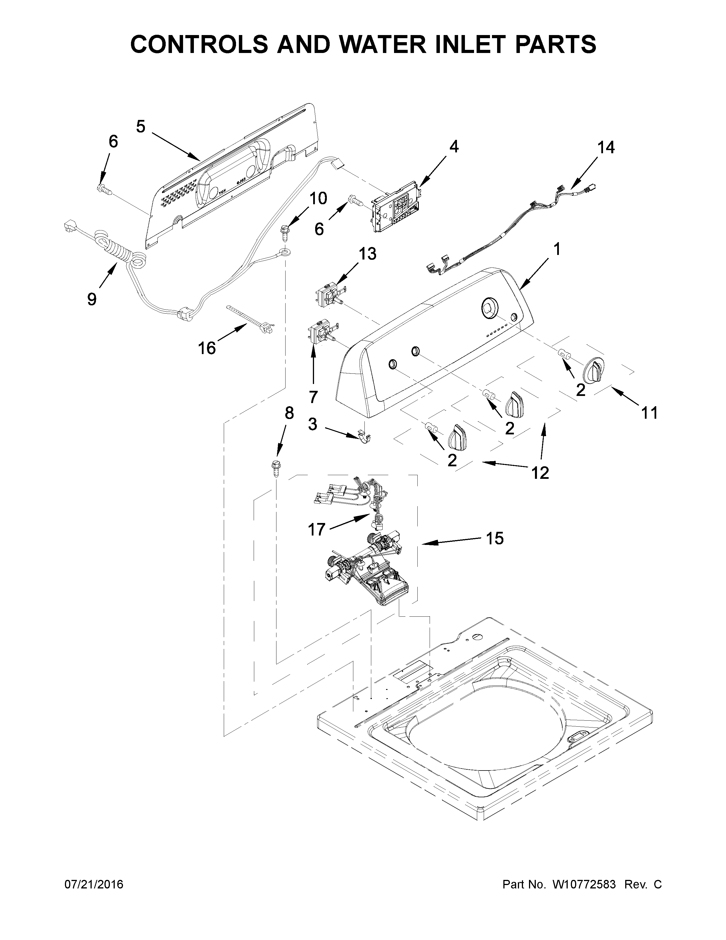 Amana NTW4615EW0 controls and water inlet parts diagram