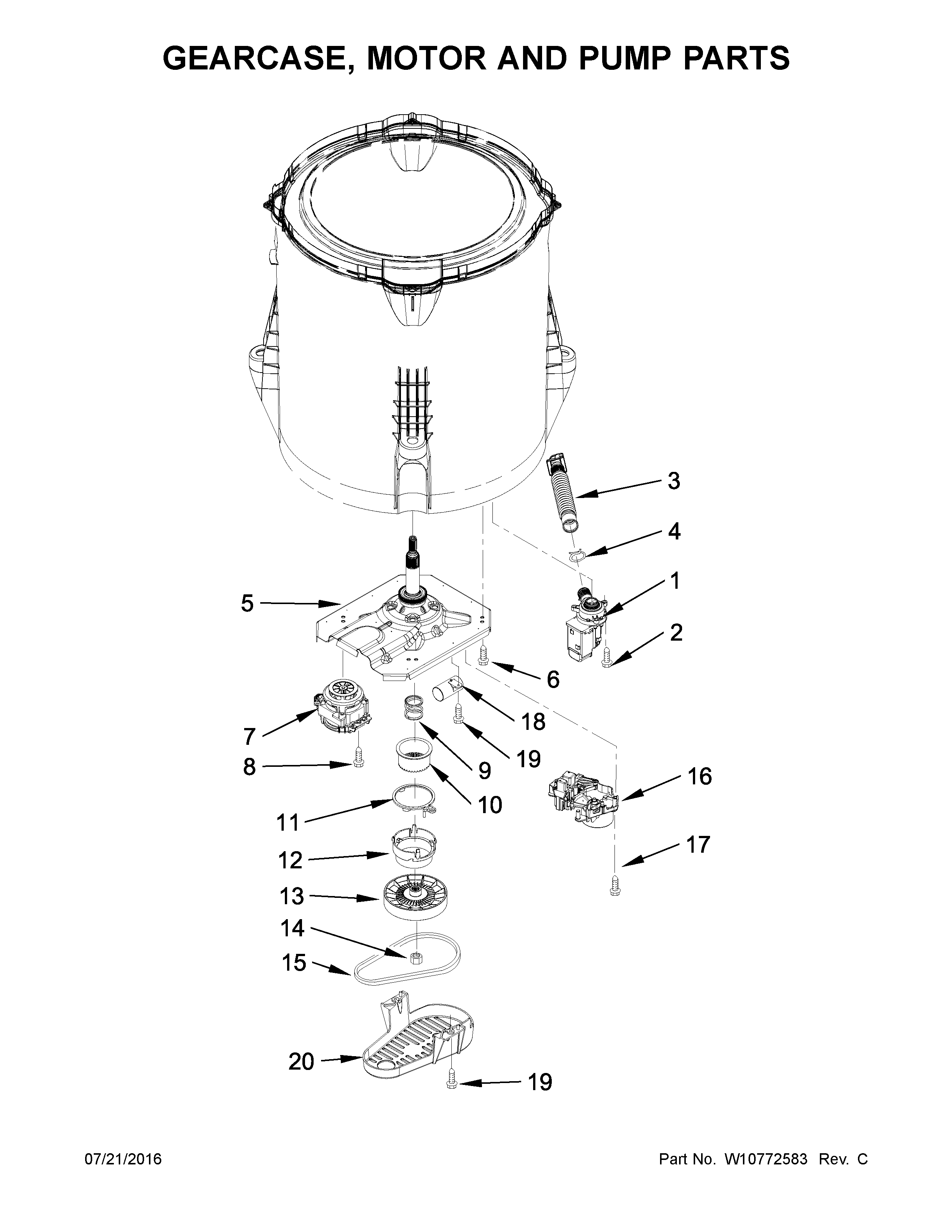 Amana NTW4615EW0 gearcase, motor and pump parts diagram