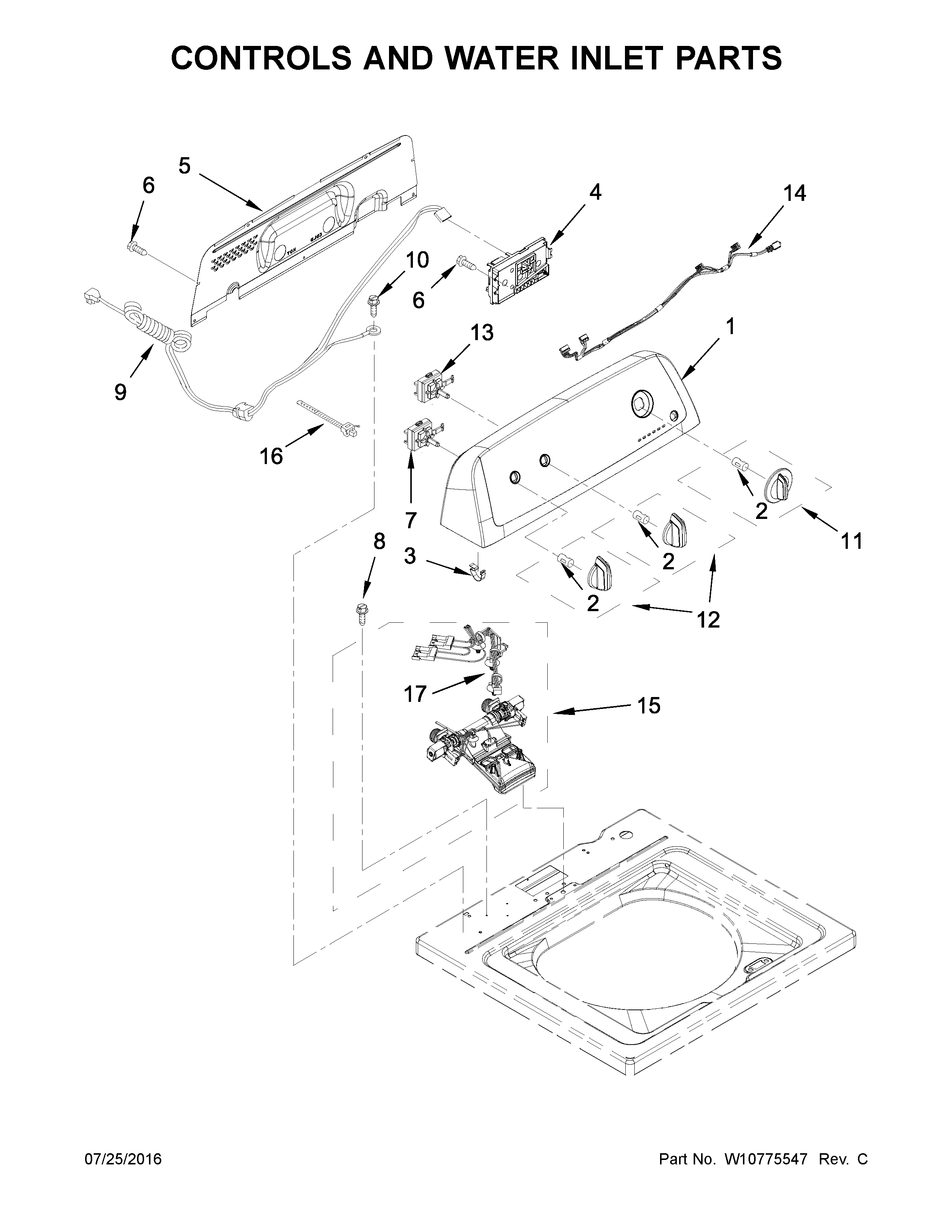 Amana NTW4655EW0 controls and water inlet parts diagram