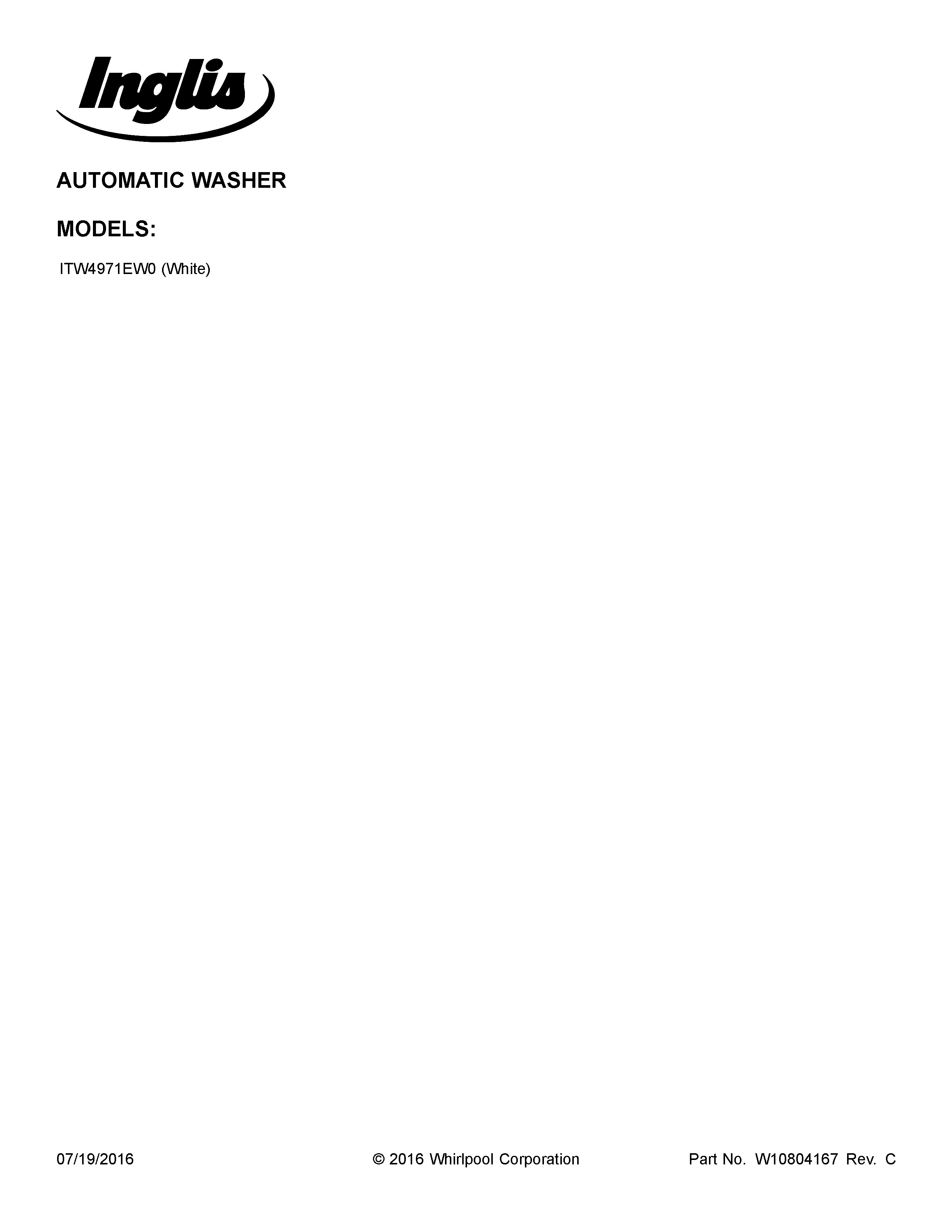 Inglis ITW4971EW0 cover sheet diagram