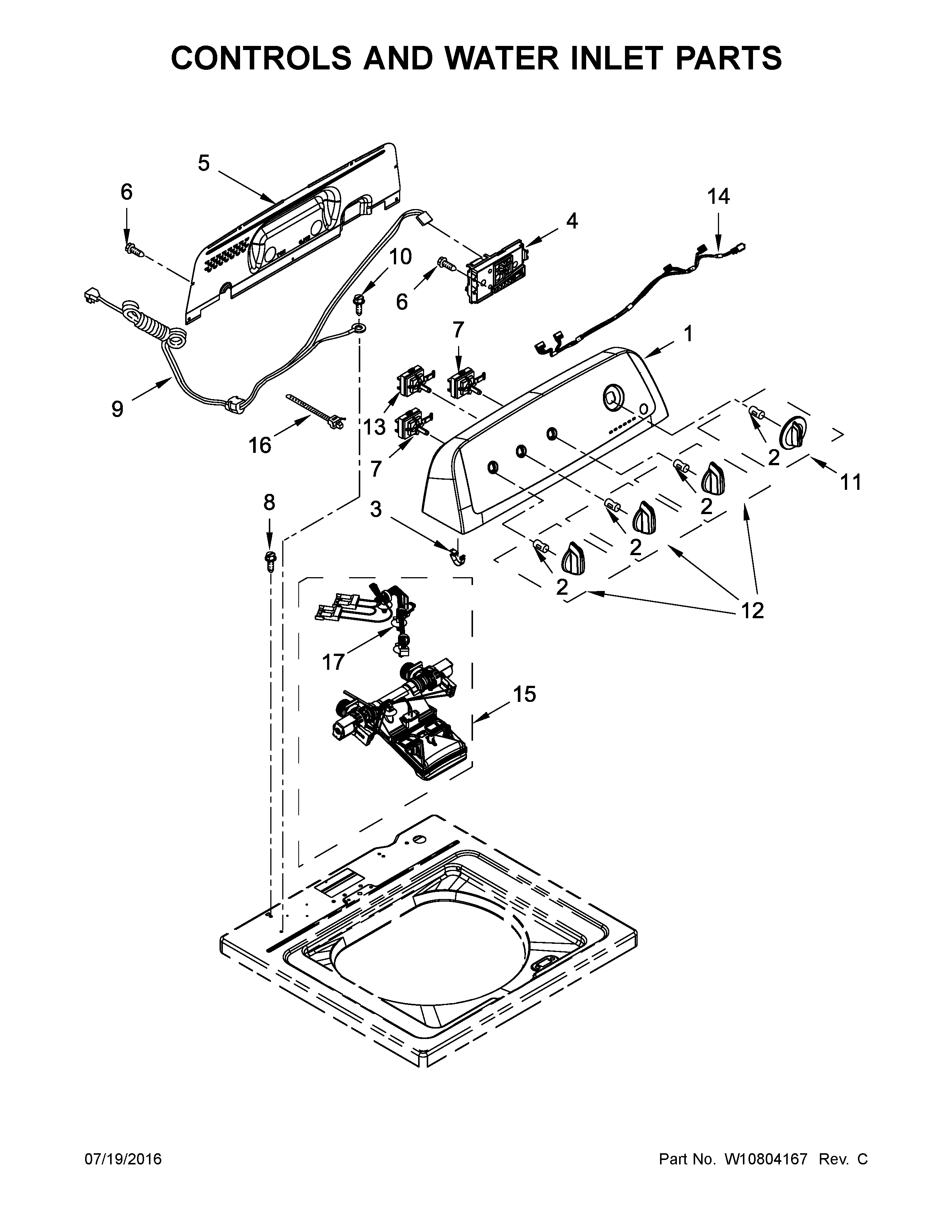 Inglis ITW4971EW0 controls and water inlet parts diagram