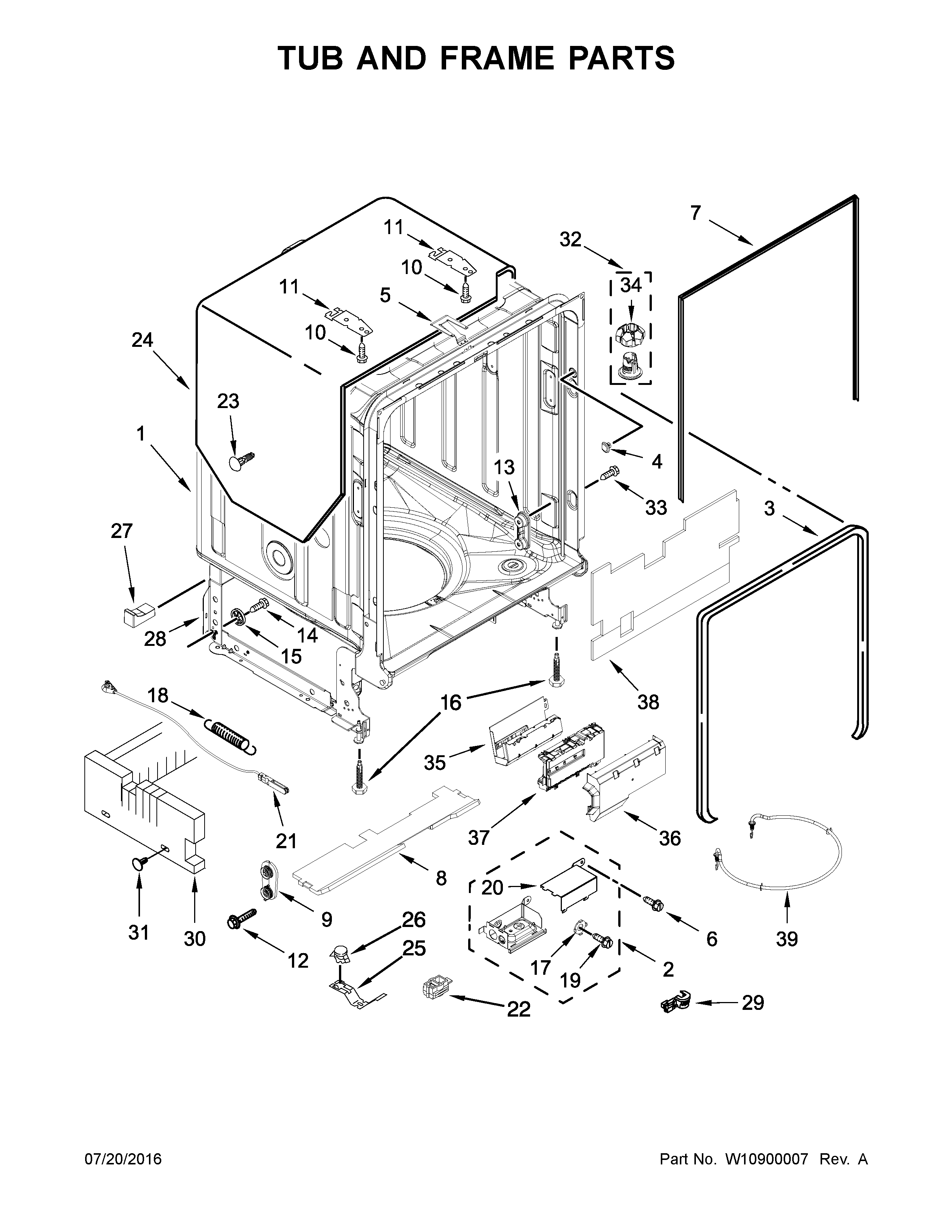 KitchenAid KDTM704EBS1 tub and frame parts diagram