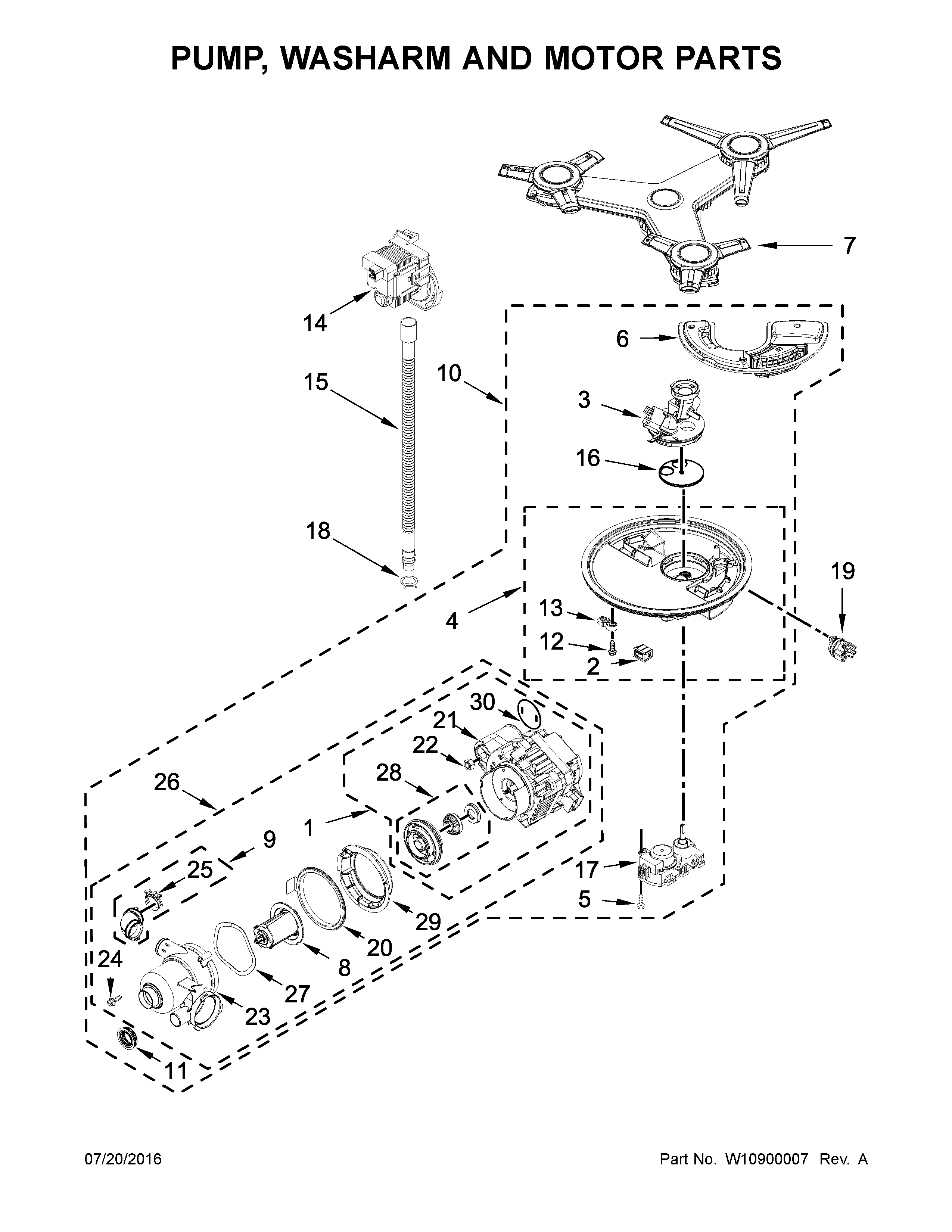 KitchenAid KDTM704EBS1 pump, washarm and motor parts diagram