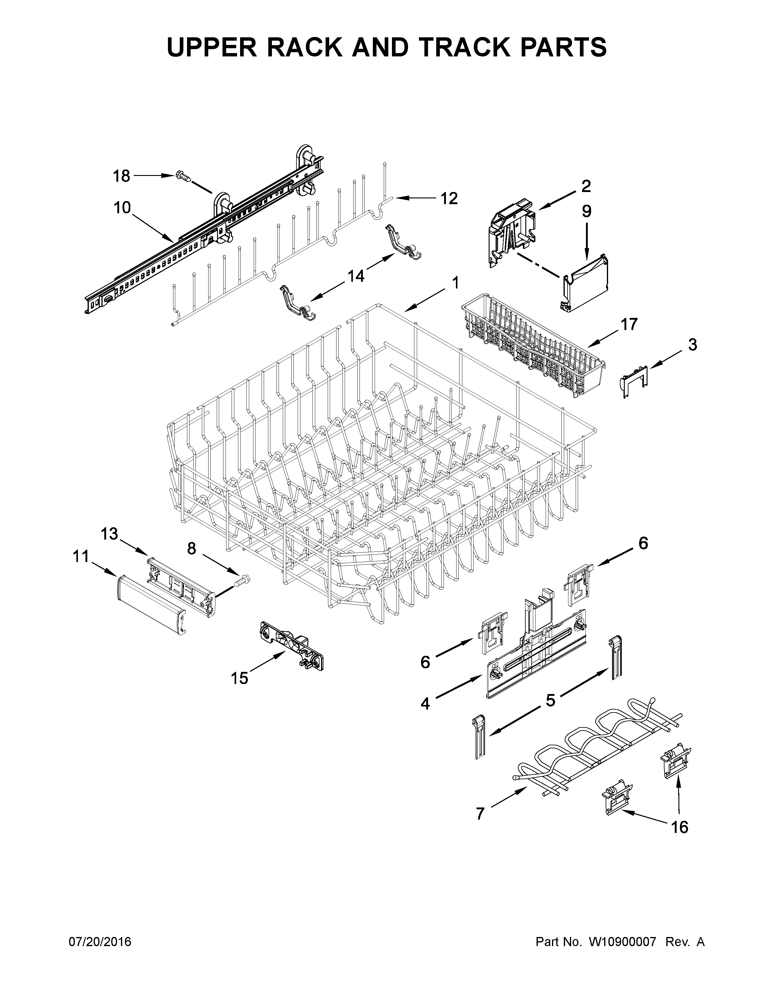 KitchenAid KDTM704EBS1 upper rack and track parts diagram