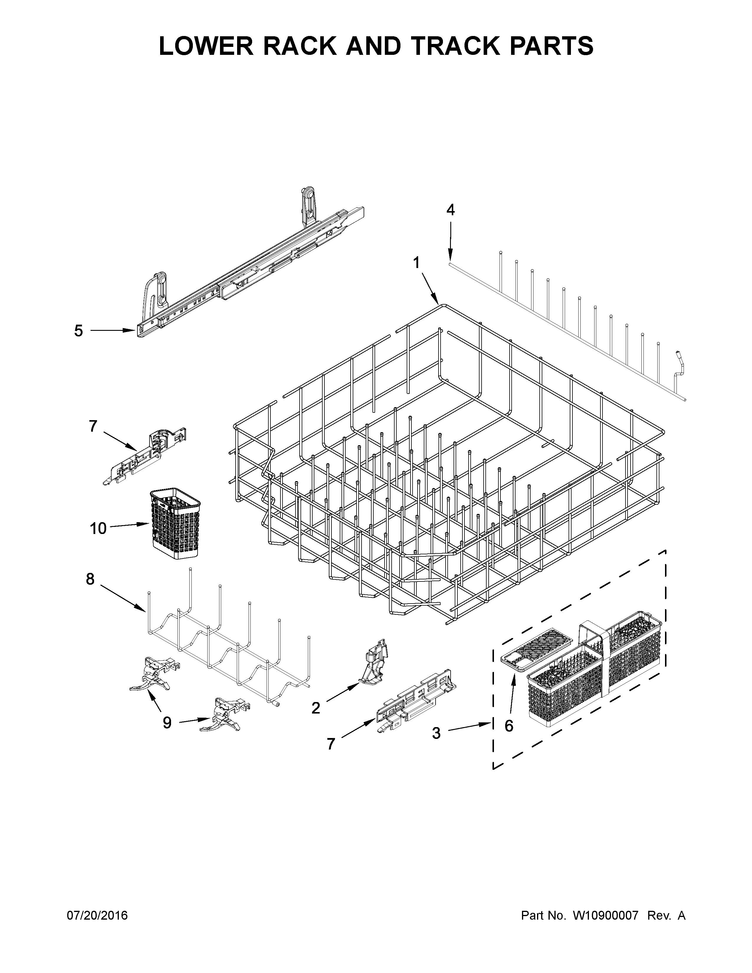 KitchenAid KDTM704EBS1 lower rack and track parts diagram