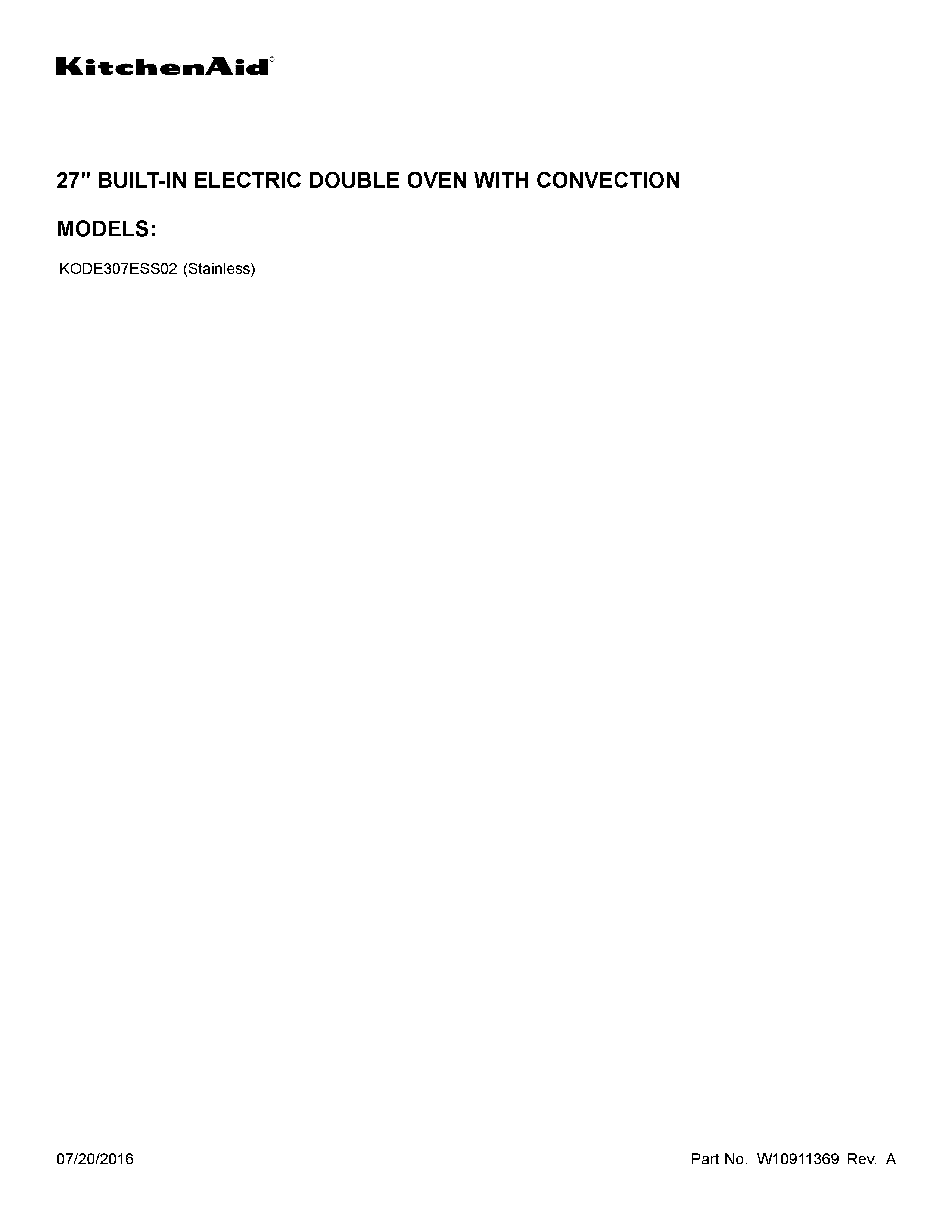 KitchenAid KODE307ESS02 cover sheet diagram