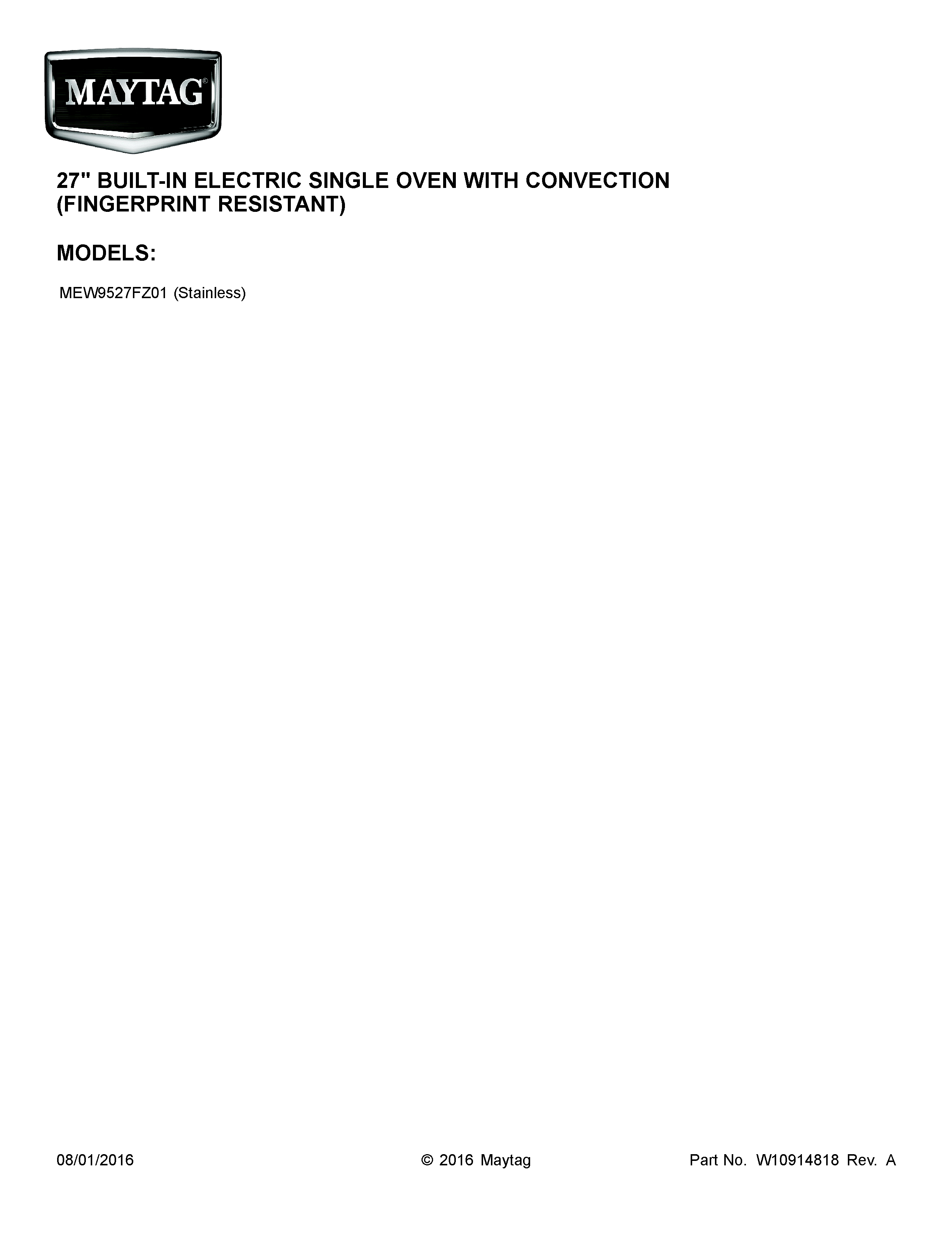 Maytag MEW9527FZ01 cover sheet diagram