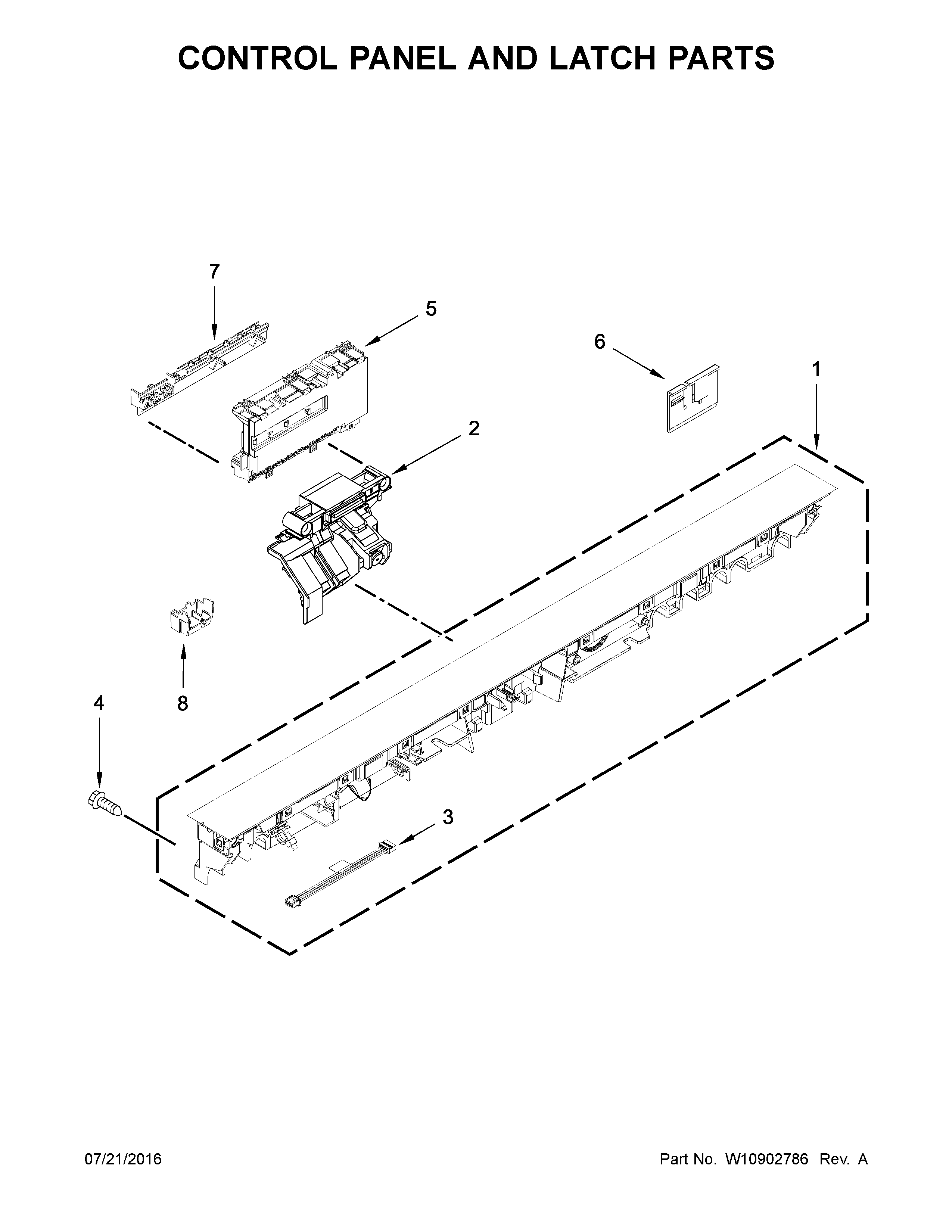 KitchenAid KDTM404EWH2 control panel and latch parts diagram
