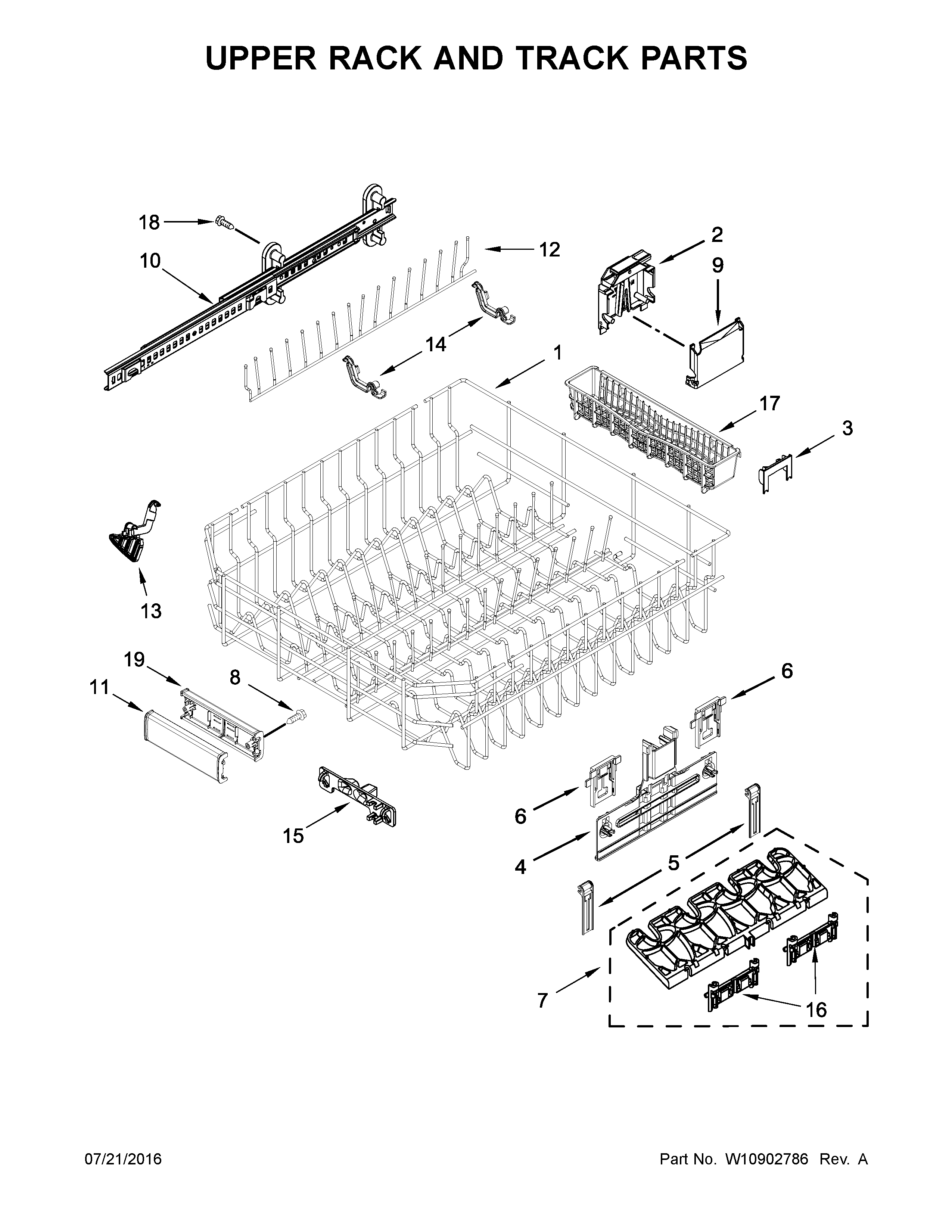 KitchenAid KDTM404EWH2 upper rack and track parts diagram