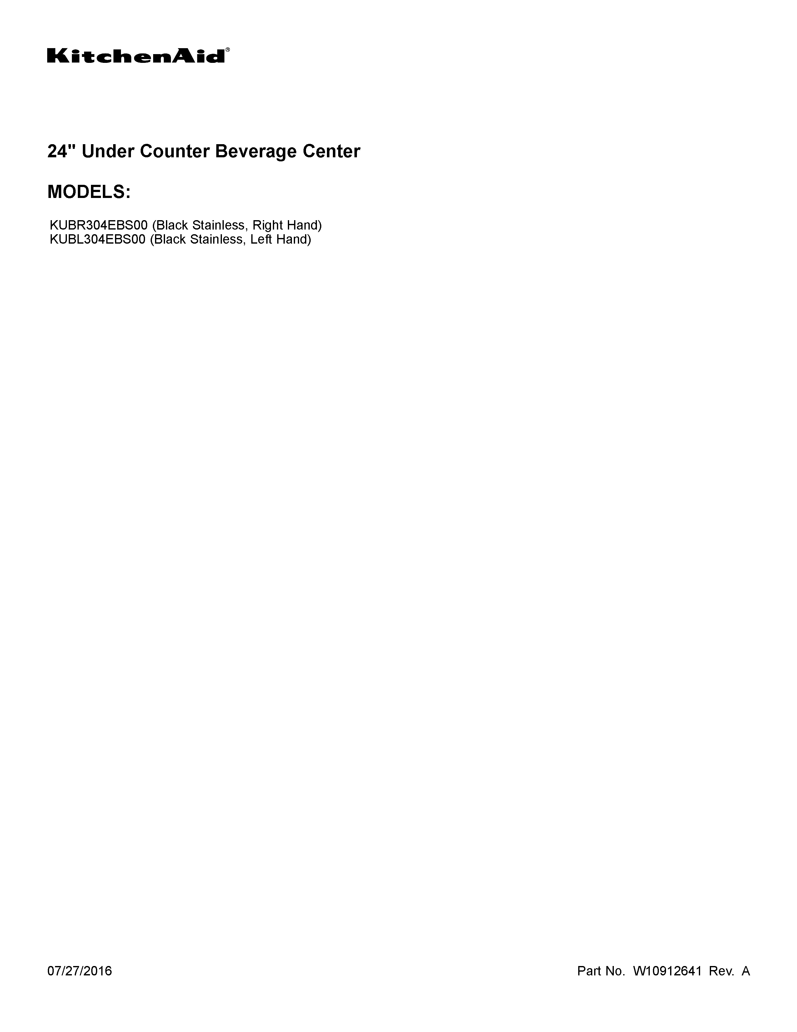 KitchenAid KUBL304EBS00 cover sheet diagram