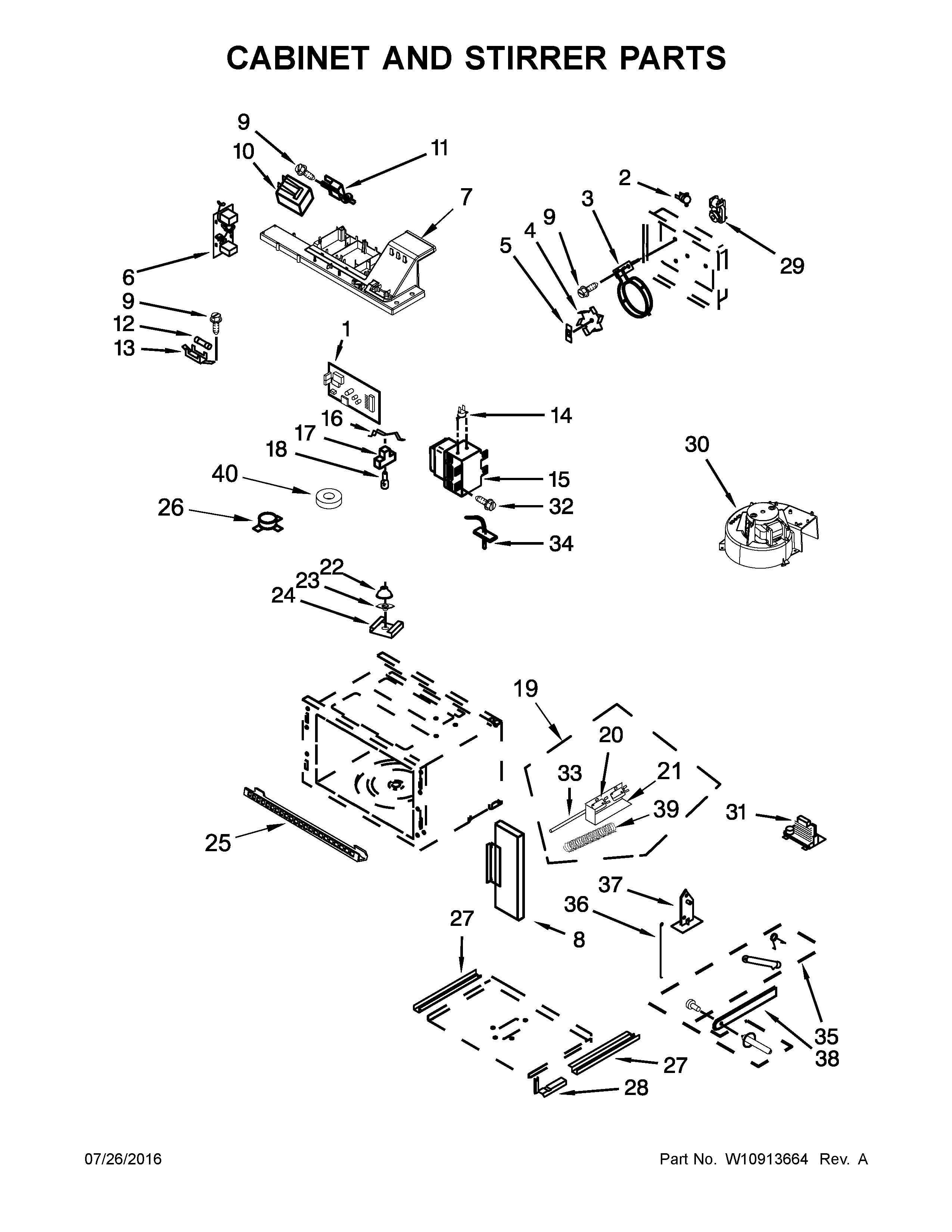 KitchenAid KOCE507EWH05 cabinet and stirrer parts diagram