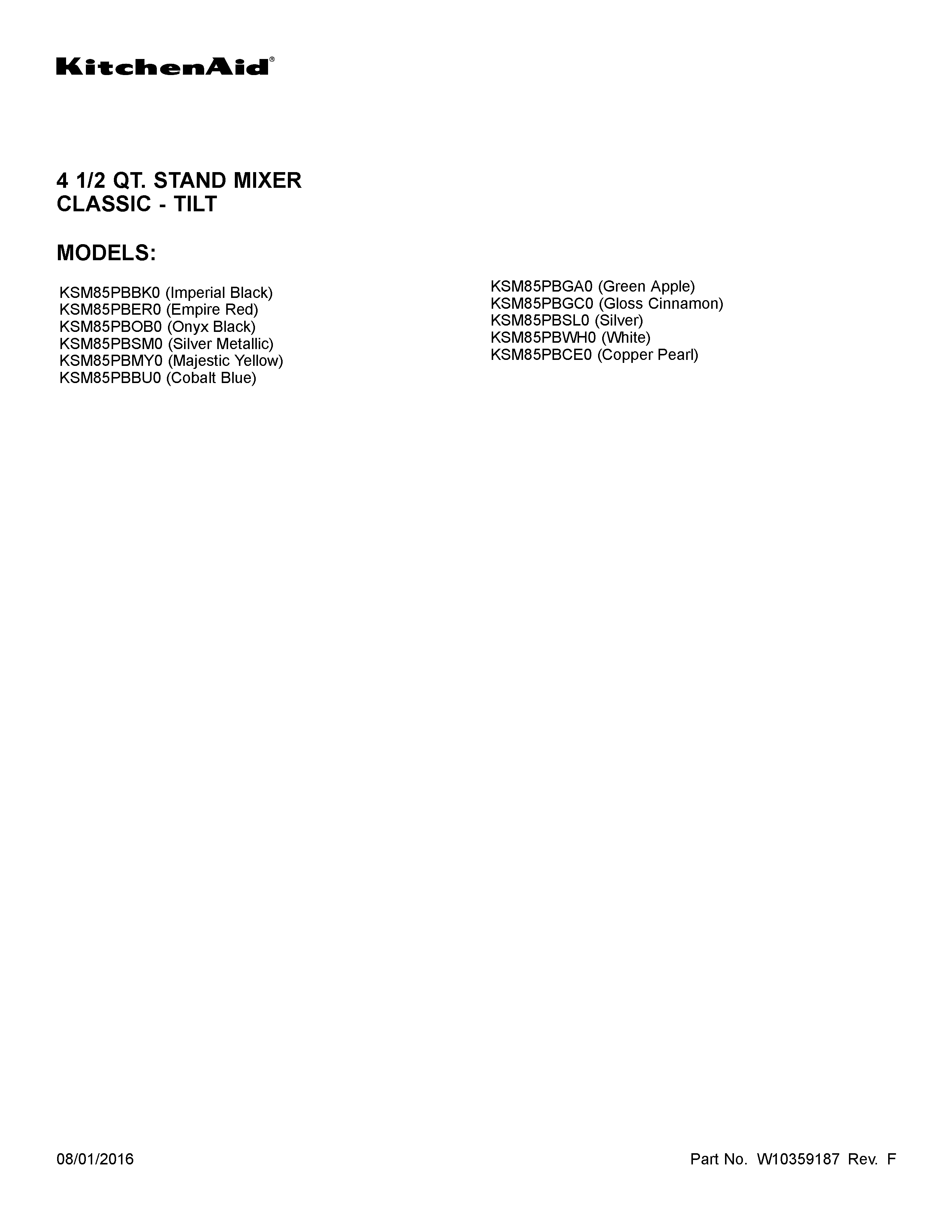 KitchenAid KSM85PBOB0 cover sheet diagram