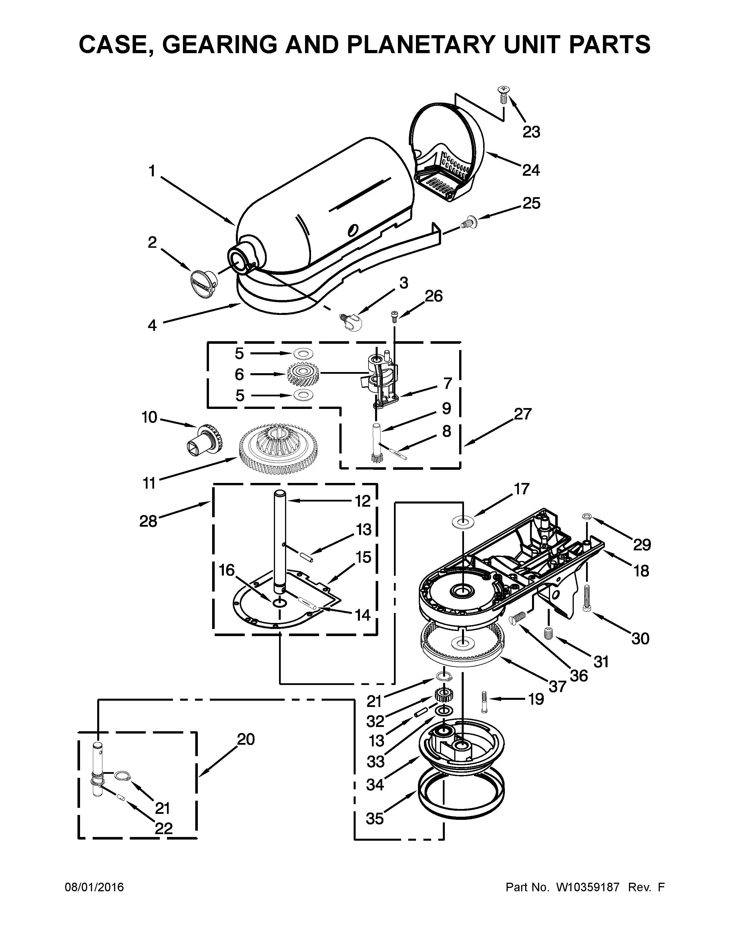 KitchenAid KSM85PBOB0 case, gearing and planetary unit parts diagram