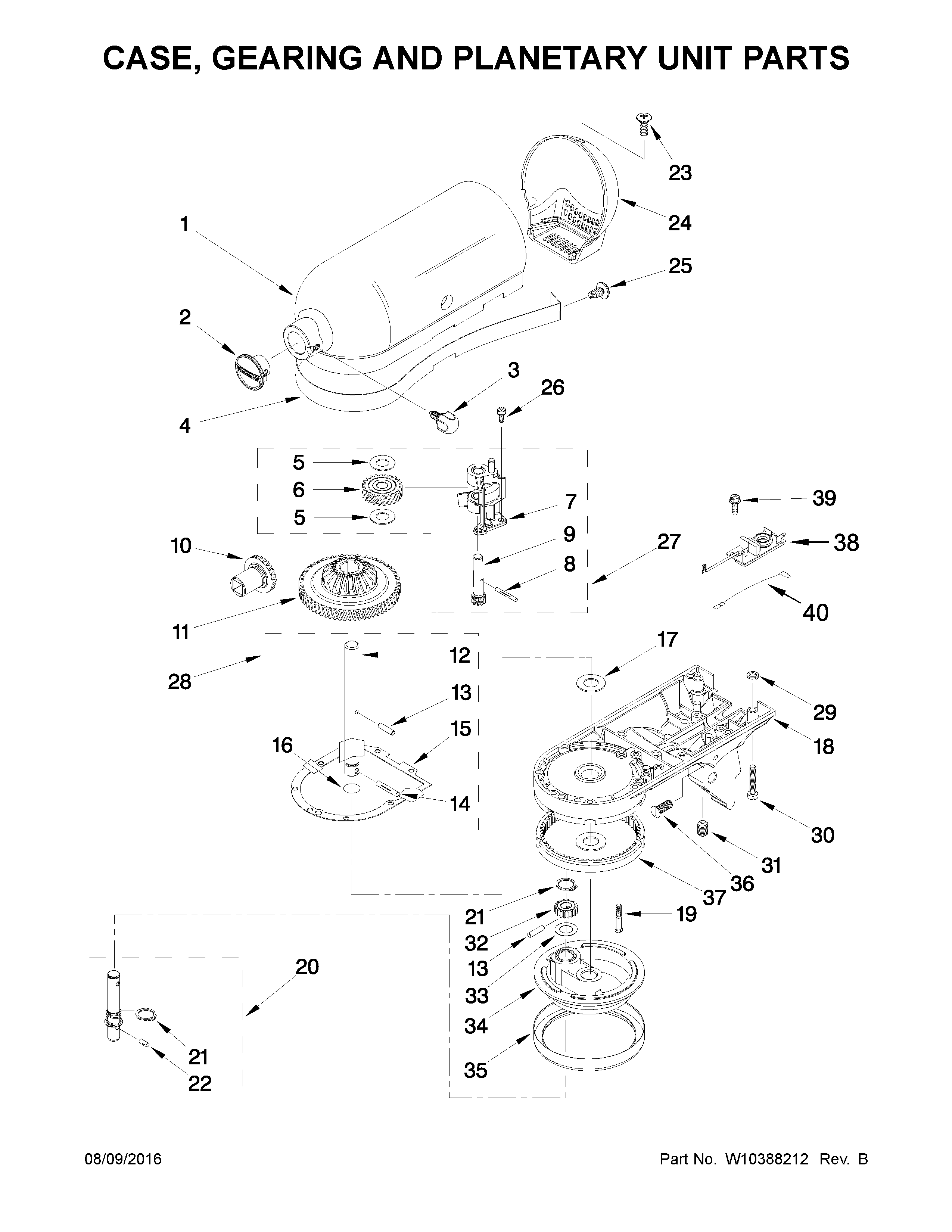 KitchenAid 5KSM150PSIAC4 case, gearing and planetary unit parts diagram