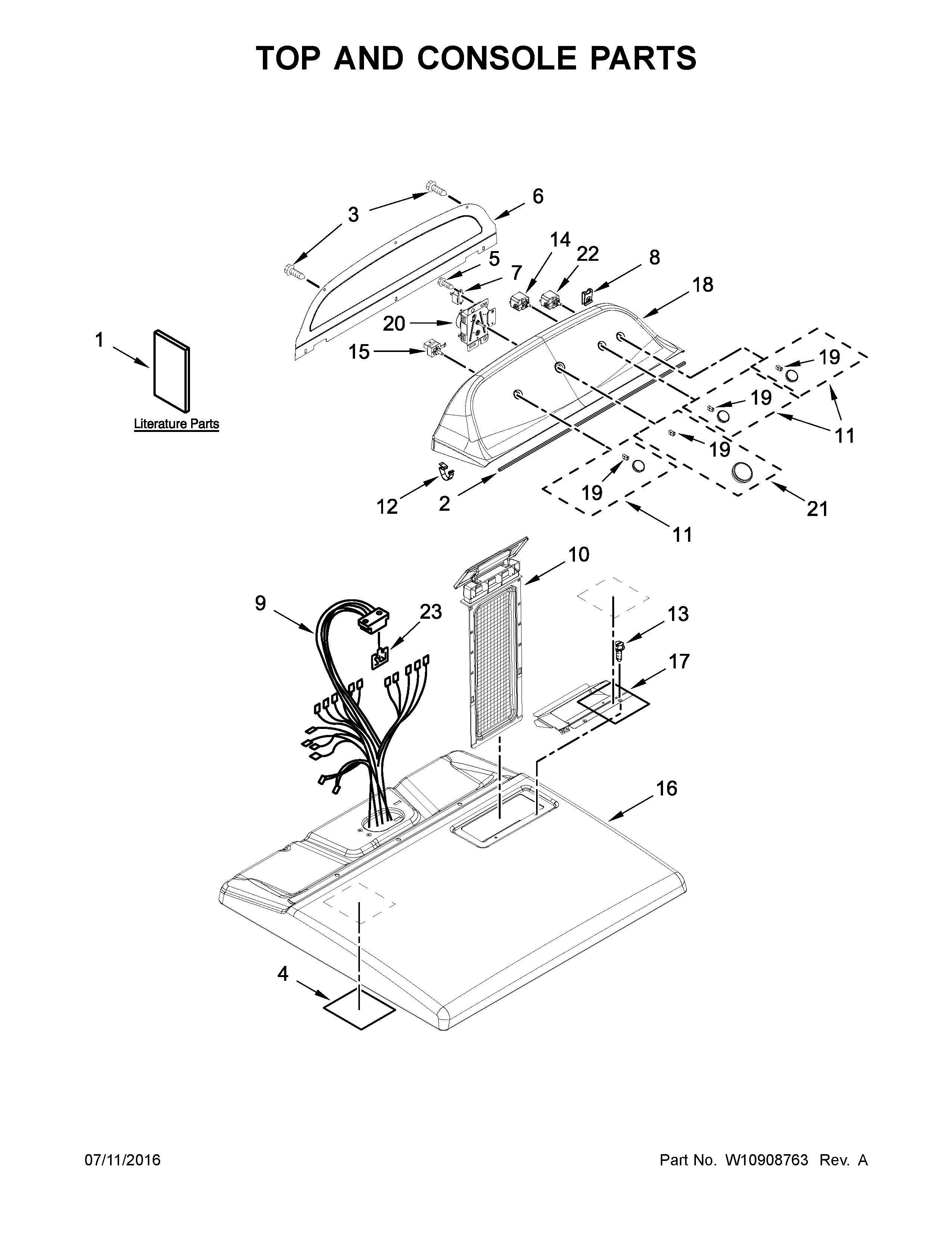 Whirlpool 7MWGD2150EN1 top and console parts diagram