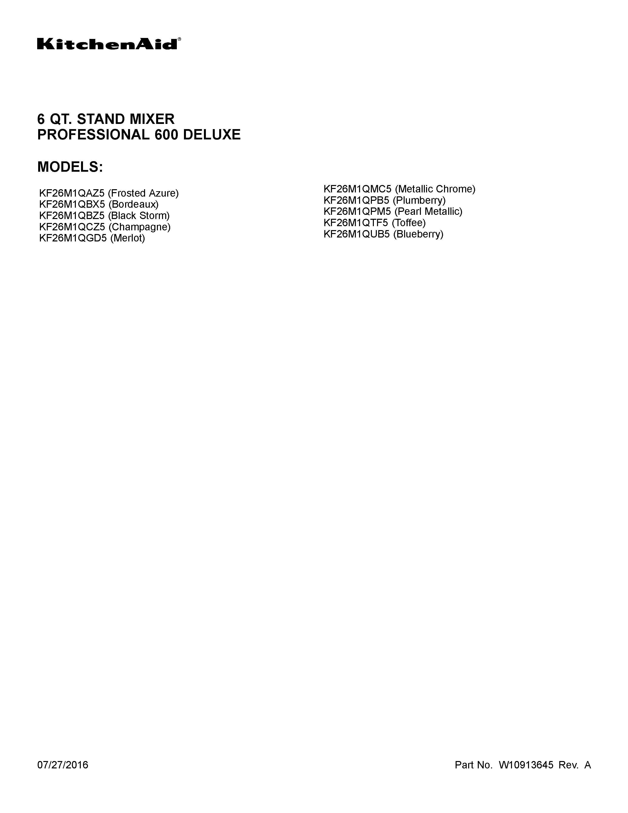KitchenAid KF26M1QPB5 cover sheet diagram
