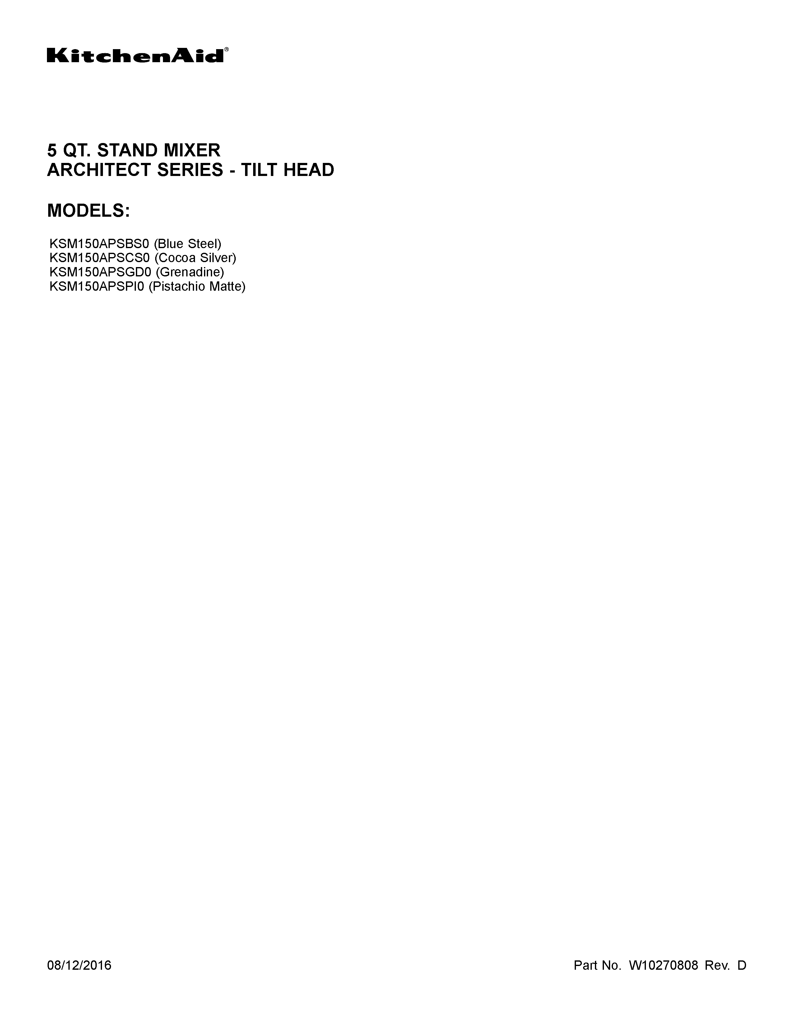 KitchenAid KSM150APSGD0 cover sheet diagram