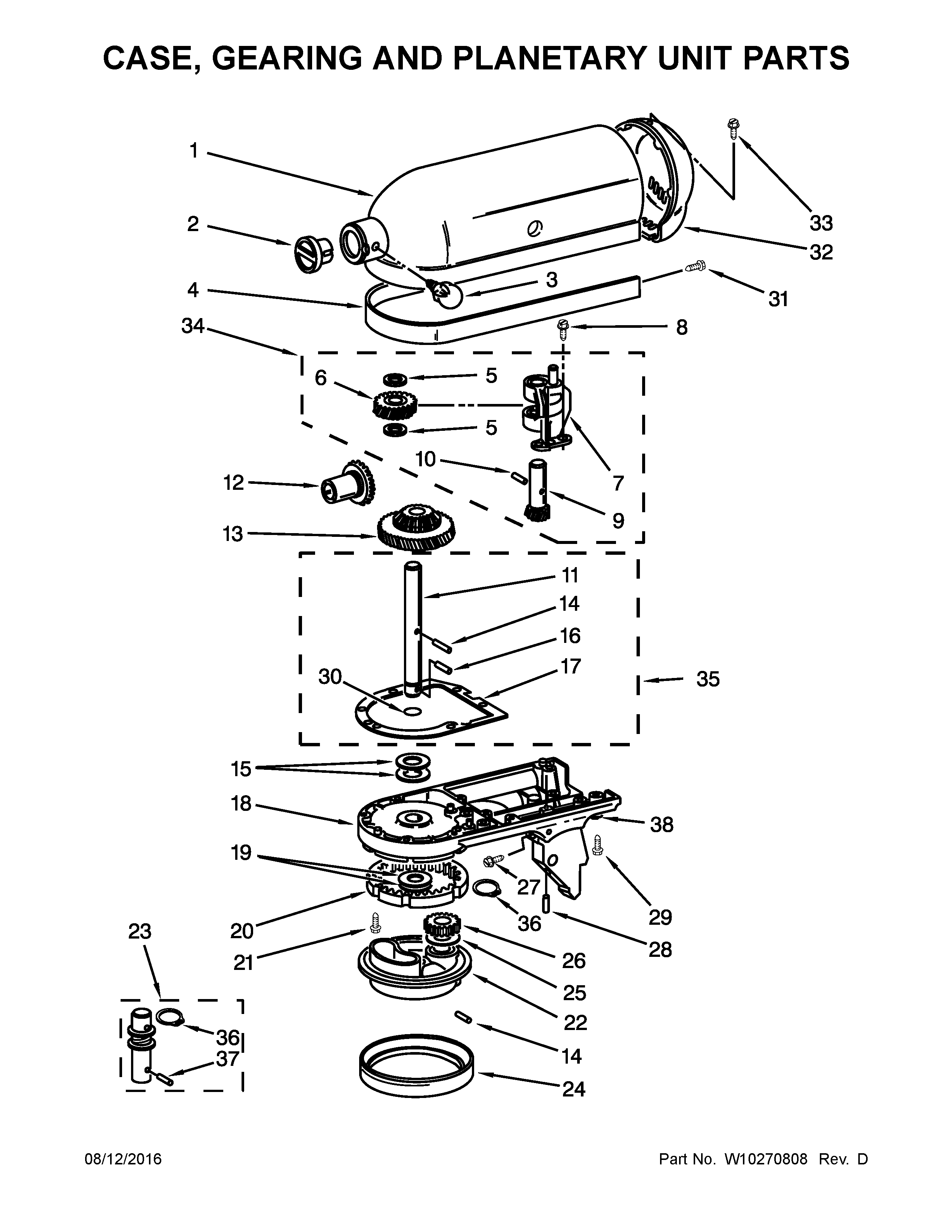 KitchenAid KSM150APSGD0 case, gearing and planetary unit parts diagram