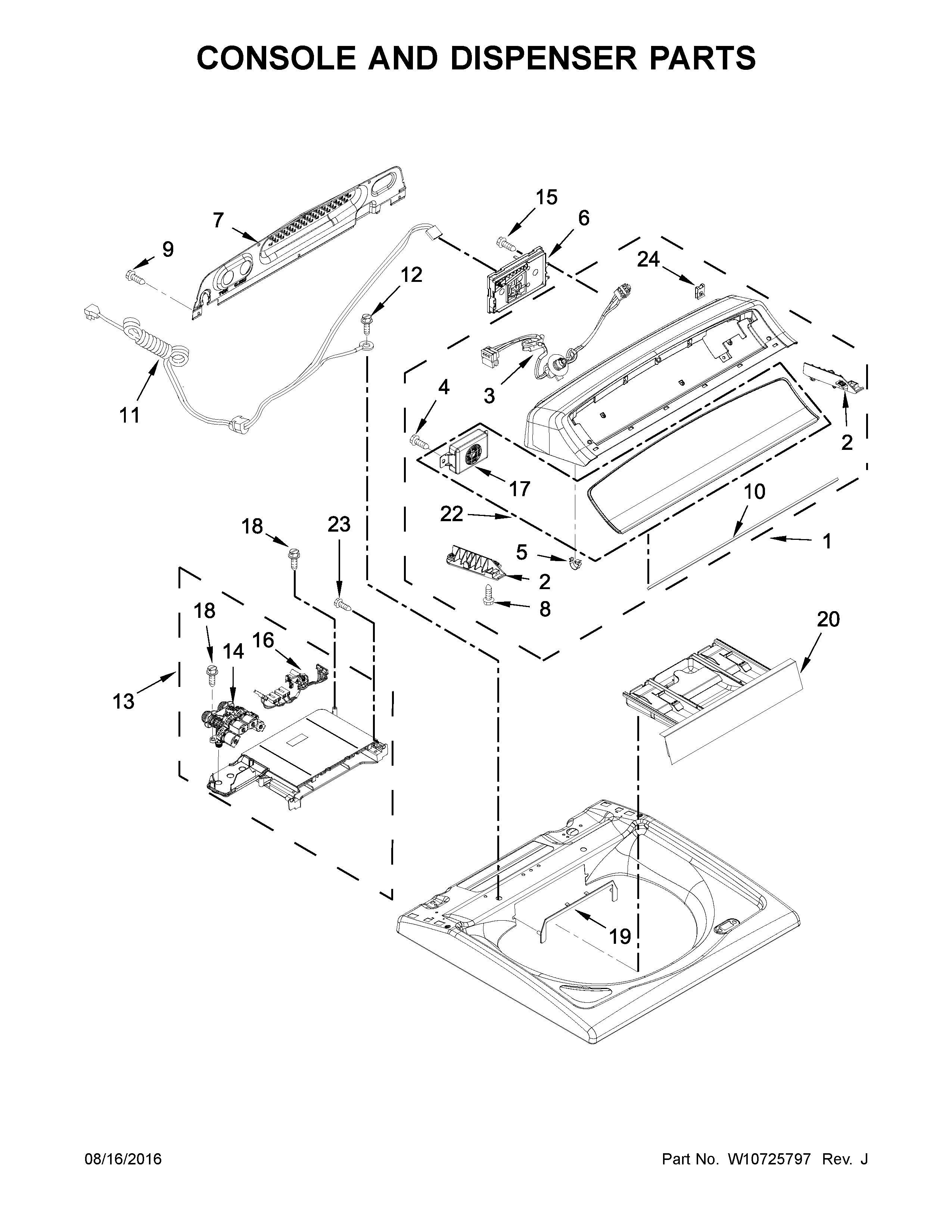 Whirlpool WTW8500DC0 console and dispenser parts diagram