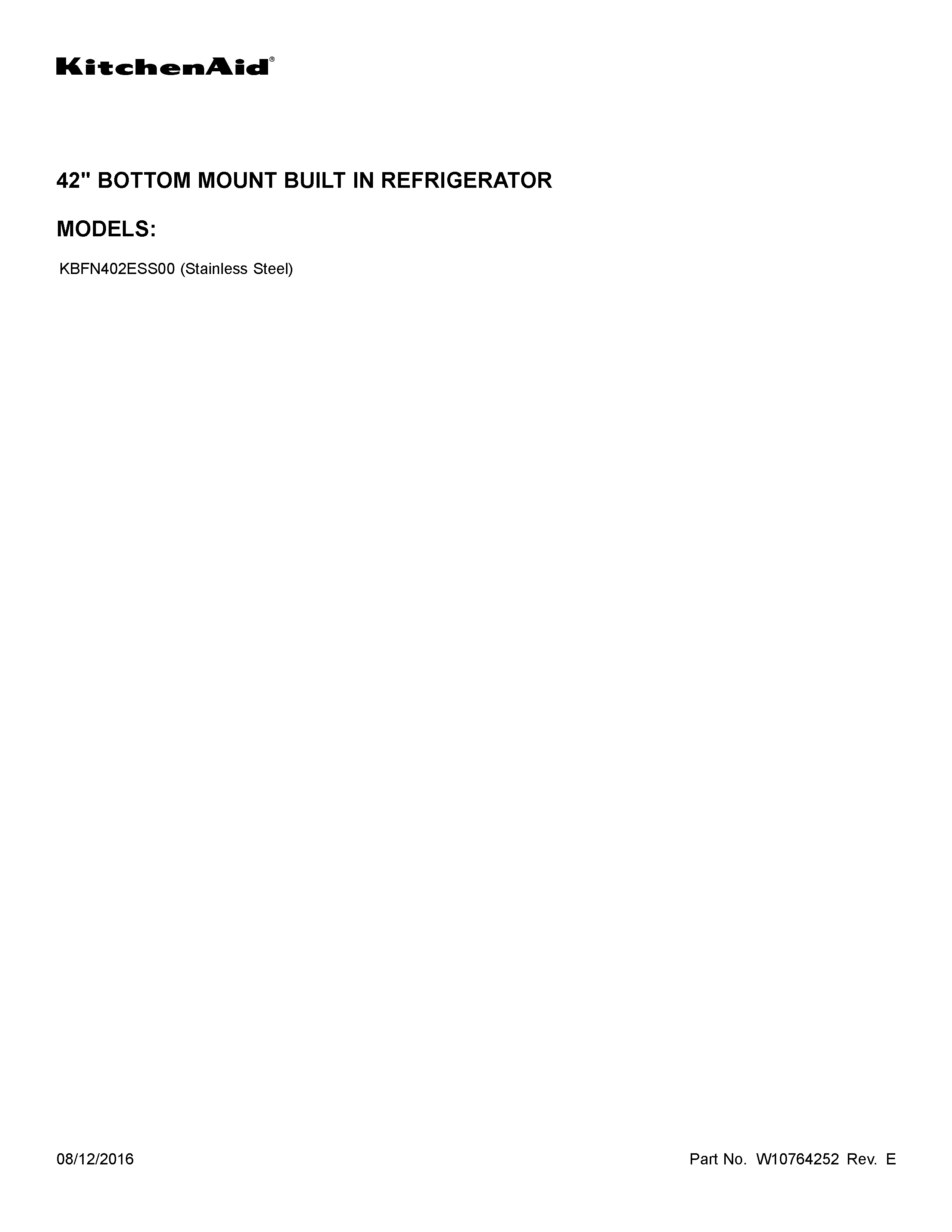 KitchenAid KBFN402ESS00 cover sheet diagram