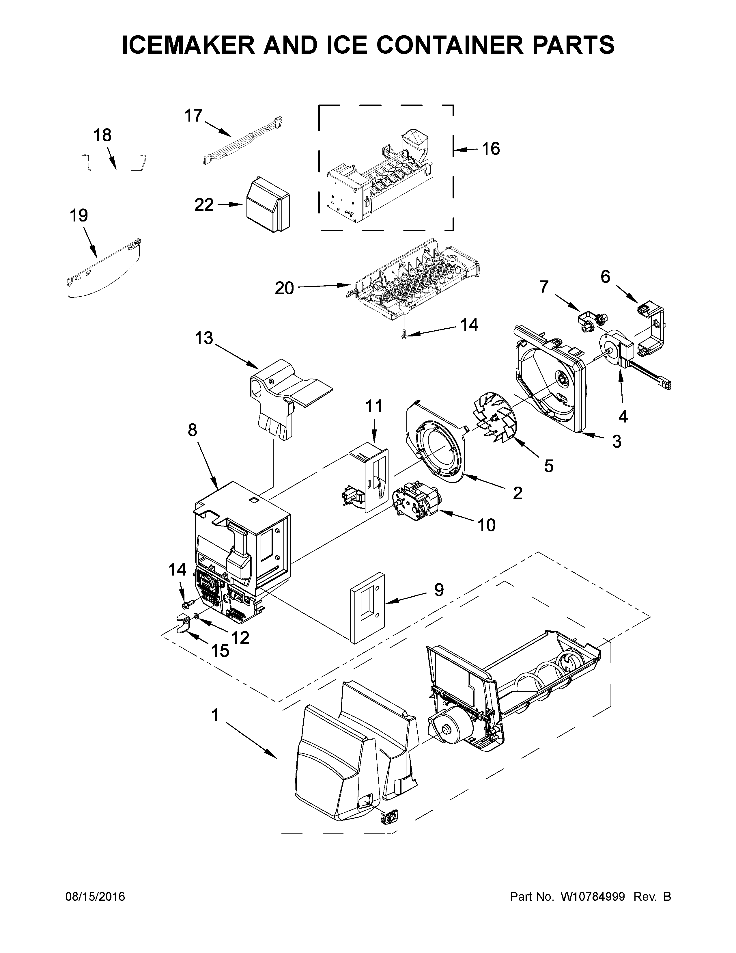 KitchenAid KRFC400EWH00 icemaker and ice container parts diagram