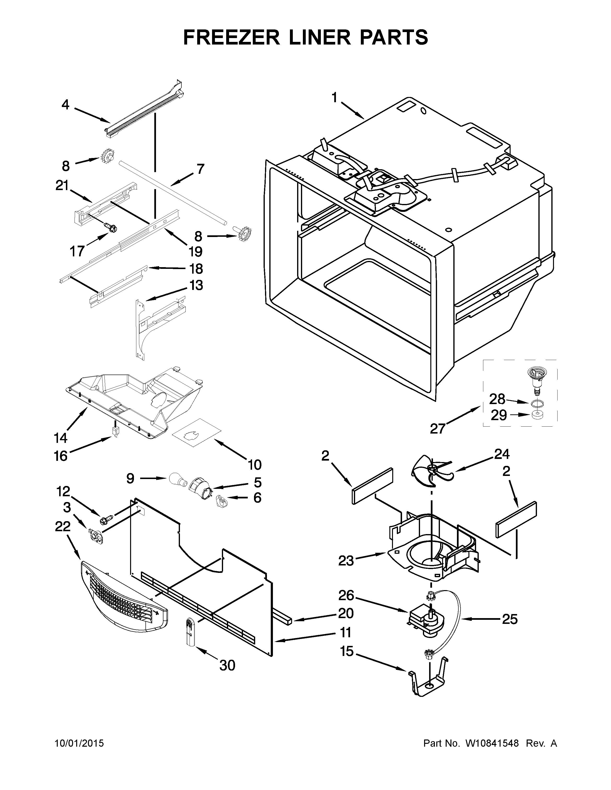 Whirlpool 5GBB1958EW00 freezer liner parts diagram