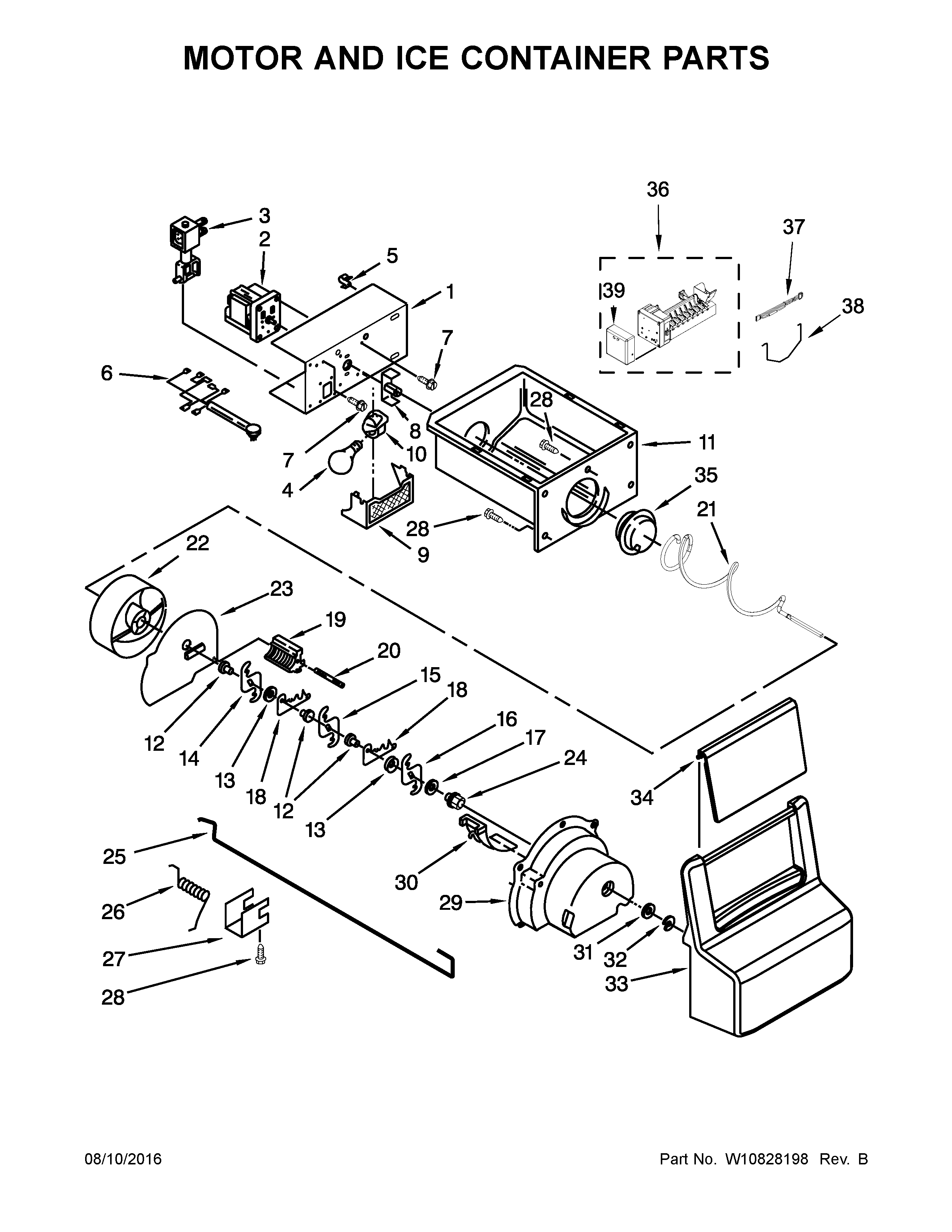 Amana ASD2575BRB03 motor and ice container parts diagram
