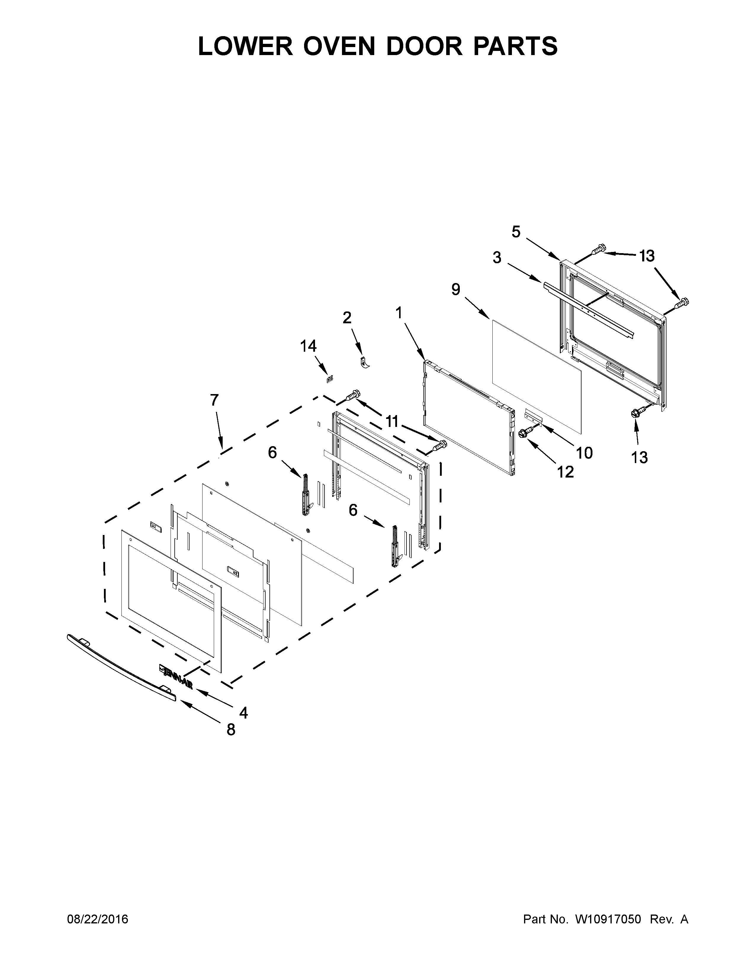 Jenn-Air JJW3830DS02 lower oven door parts diagram